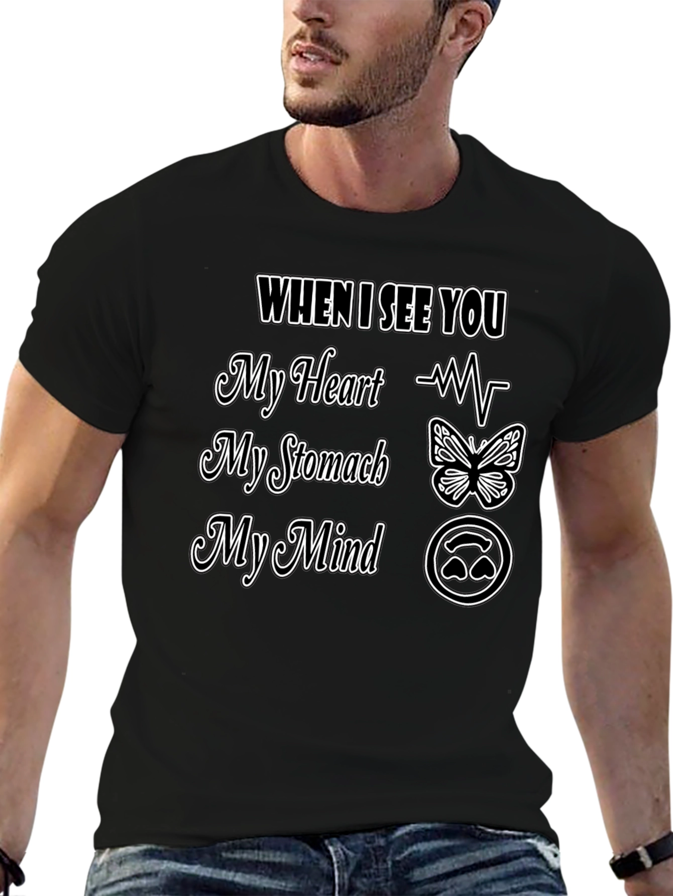 Romantic Love T-Shirt Heart Stomach Mind Design Tee