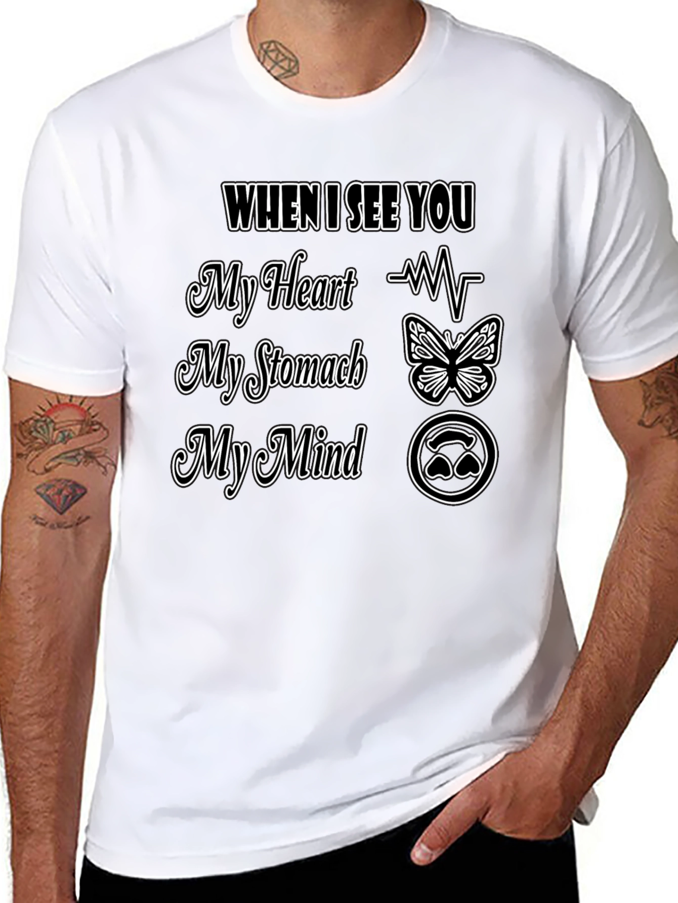 Romantic Love T-Shirt Heart Stomach Mind Design Tee