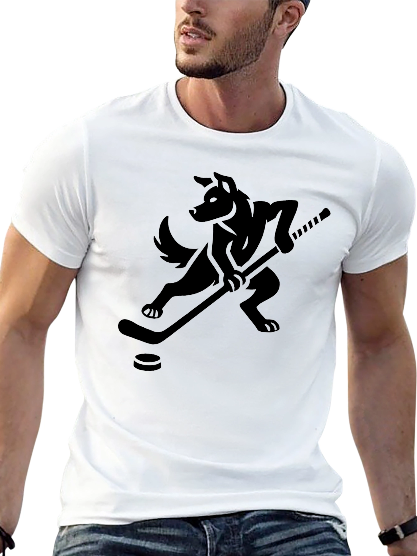 Hockey Wolf Graphic T-Shirt - Black Cotton Tee