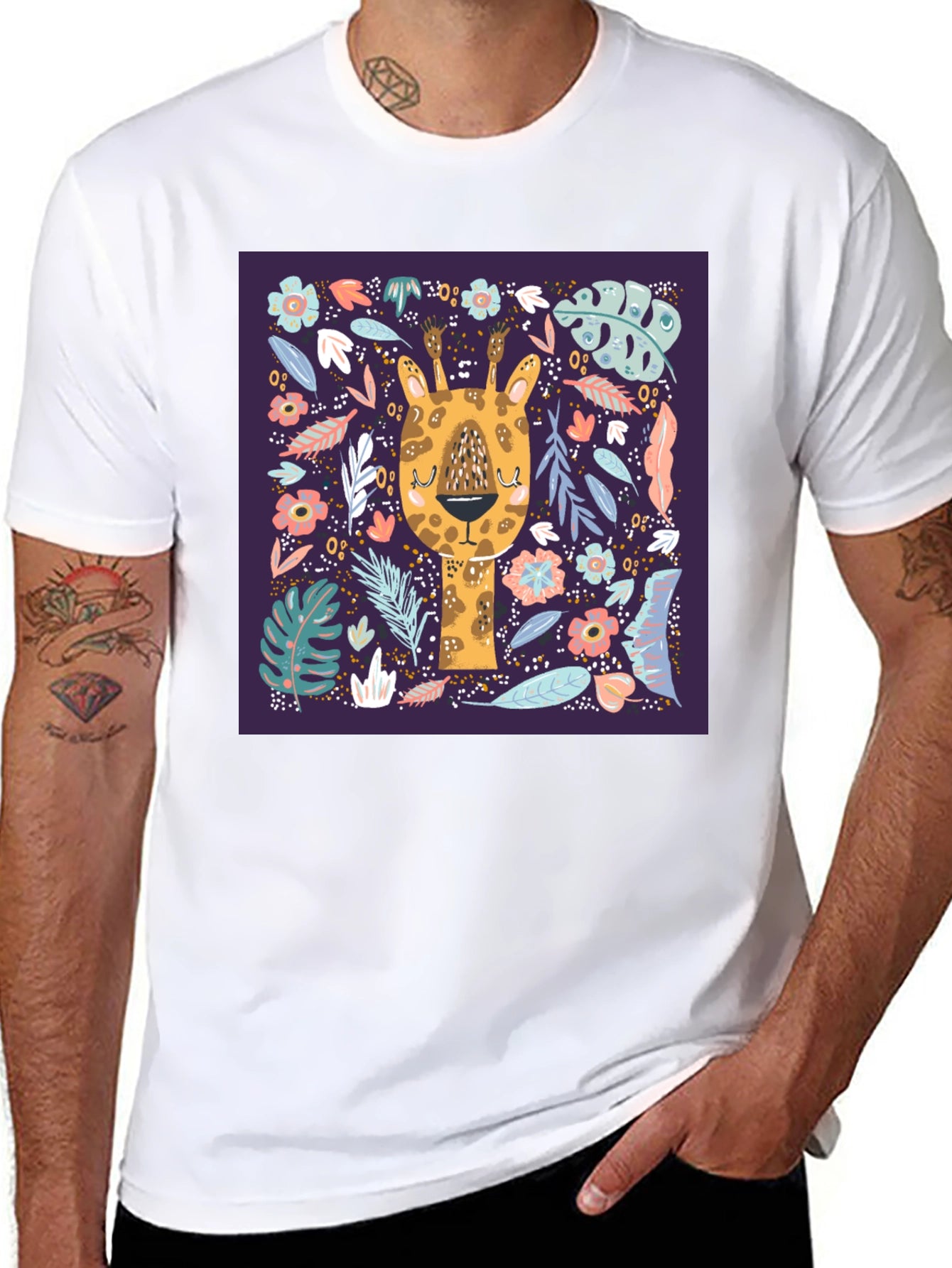 Giraffe Floral Graphic Tee - Unique Animal Print