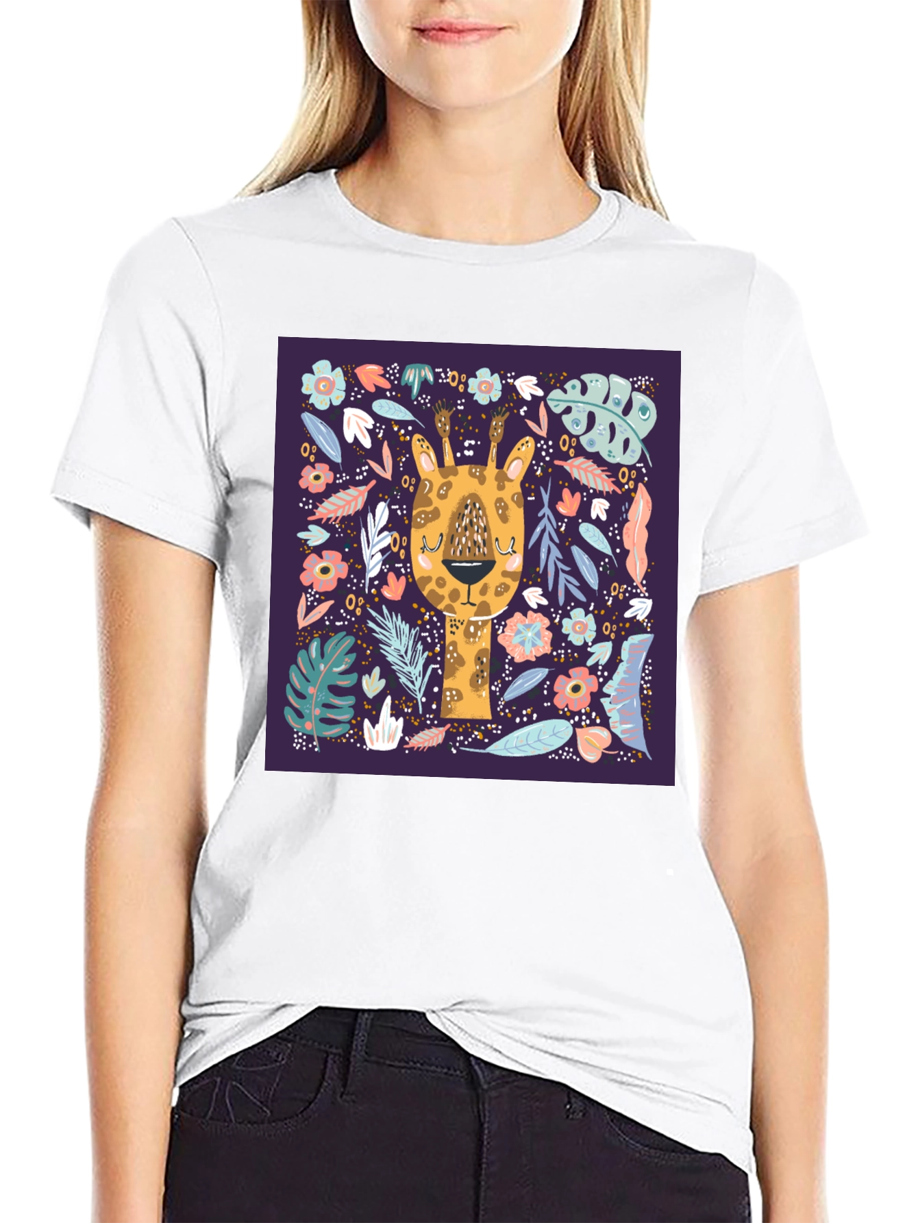 Giraffe Floral Graphic Tee - Unique Animal Print