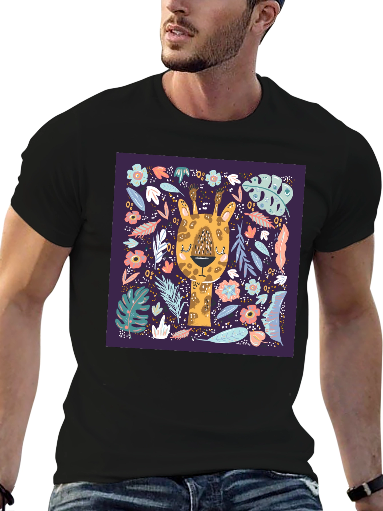 Giraffe Floral Graphic Tee - Unique Animal Print