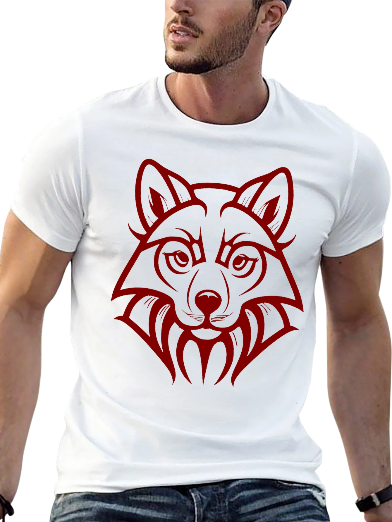 Wolf Head Graphic Print Crew Neck T-Shirt