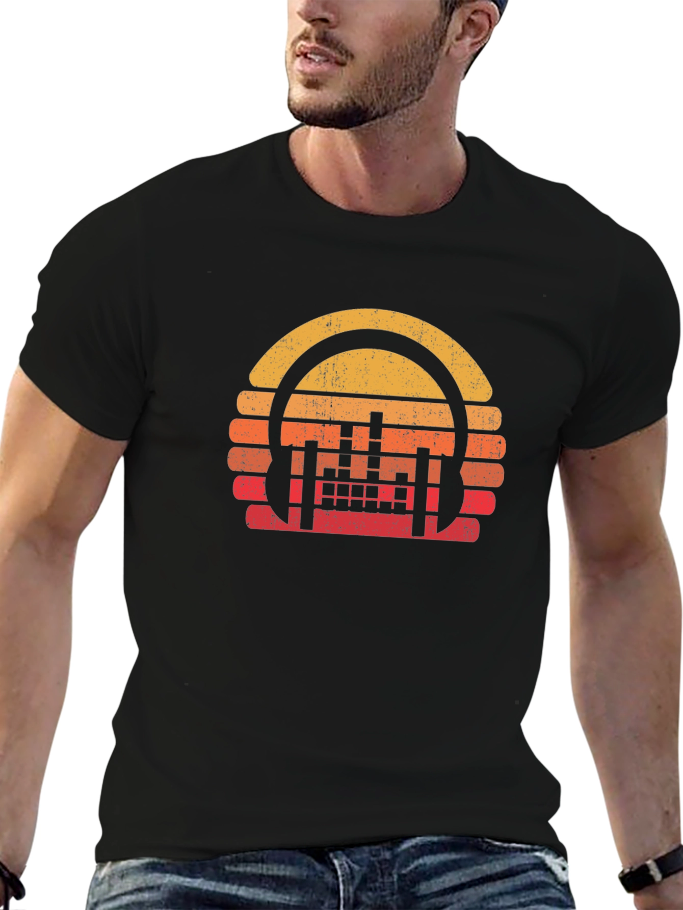 Retro Sunset Headphones Black T-Shirt