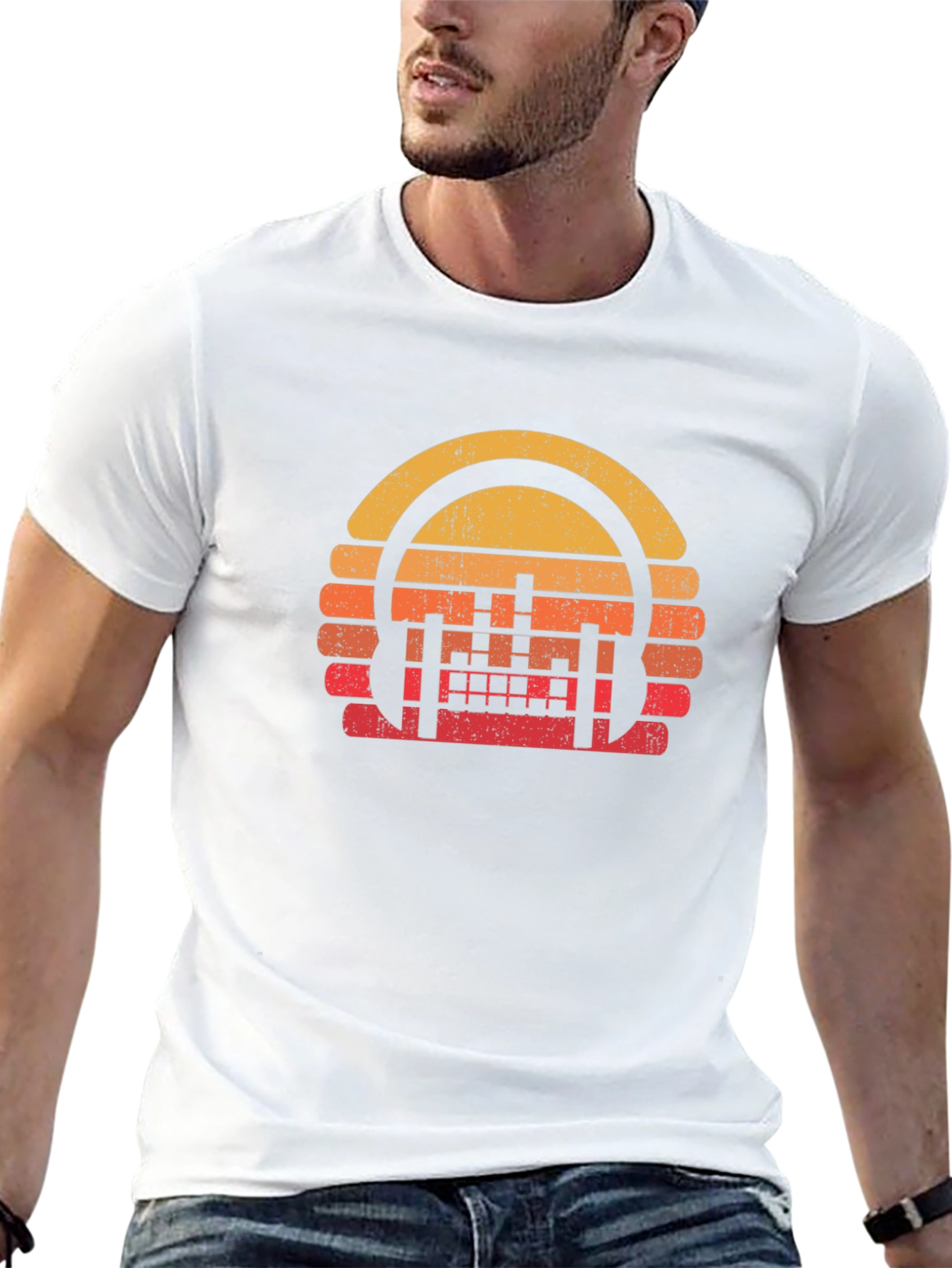 Retro Sunset Headphones Black T-Shirt