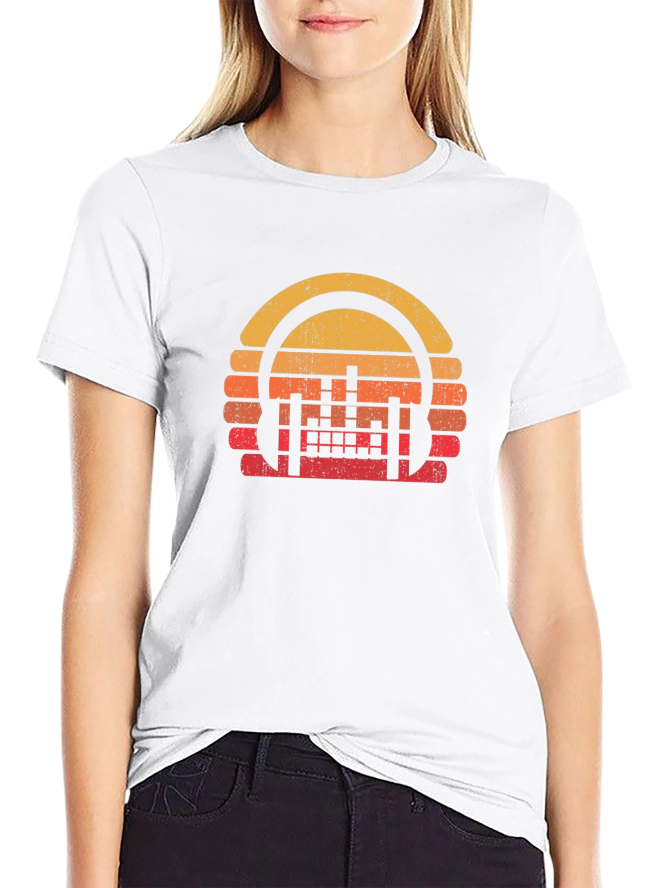 Retro Sunset Headphones Black T-Shirt