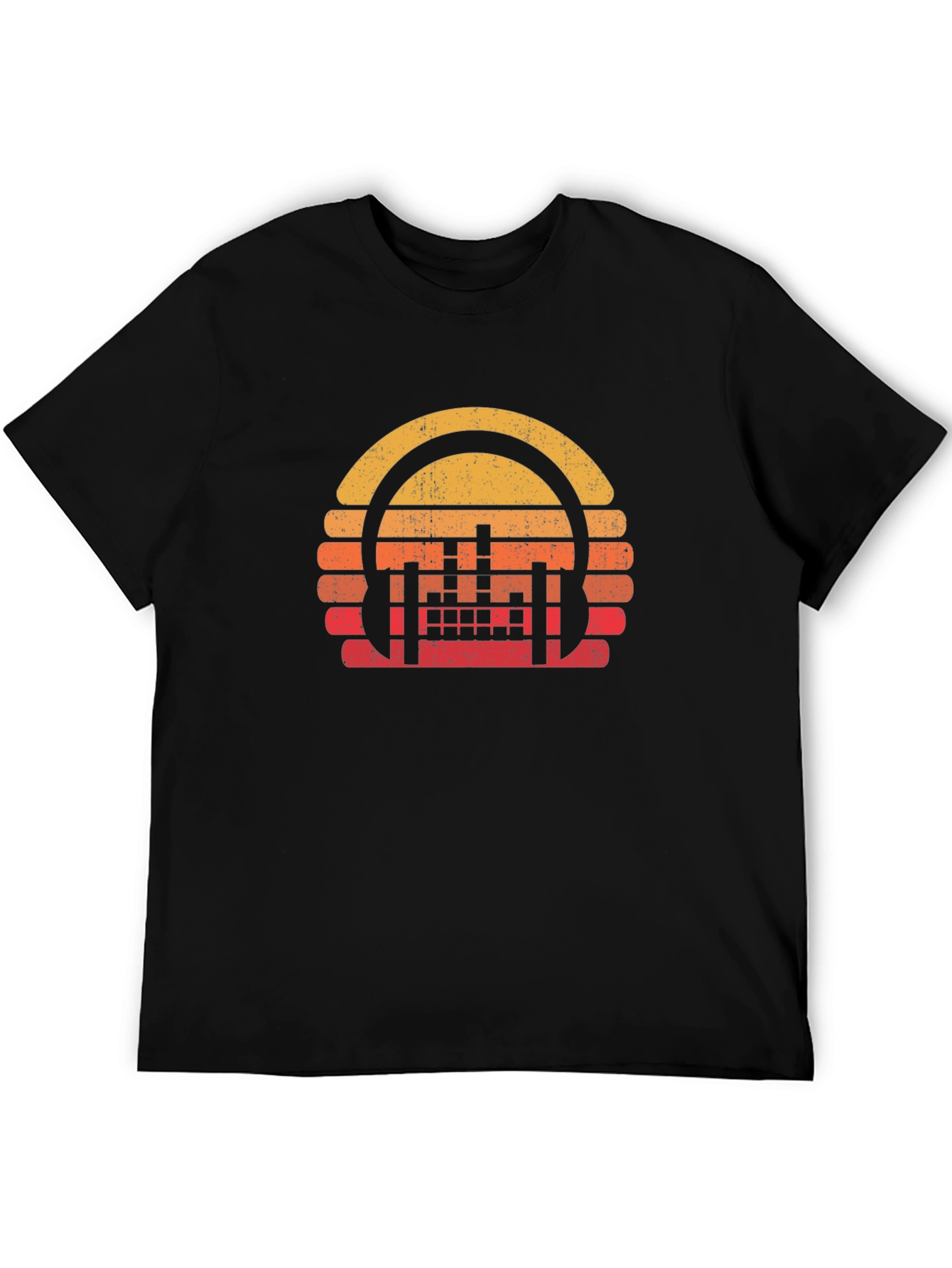 Retro Sunset Headphones Black T-Shirt