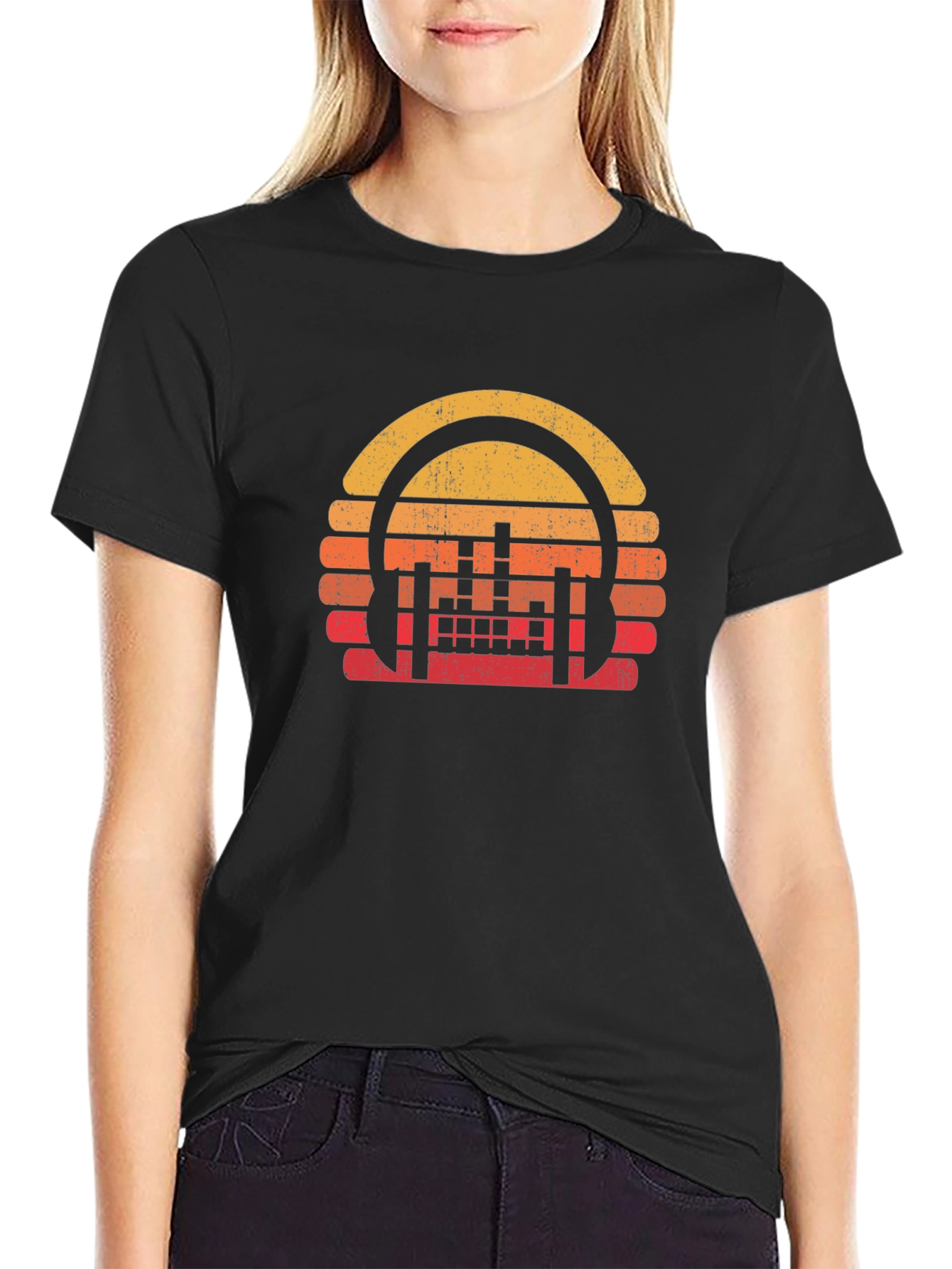 Retro Sunset Headphones Black T-Shirt