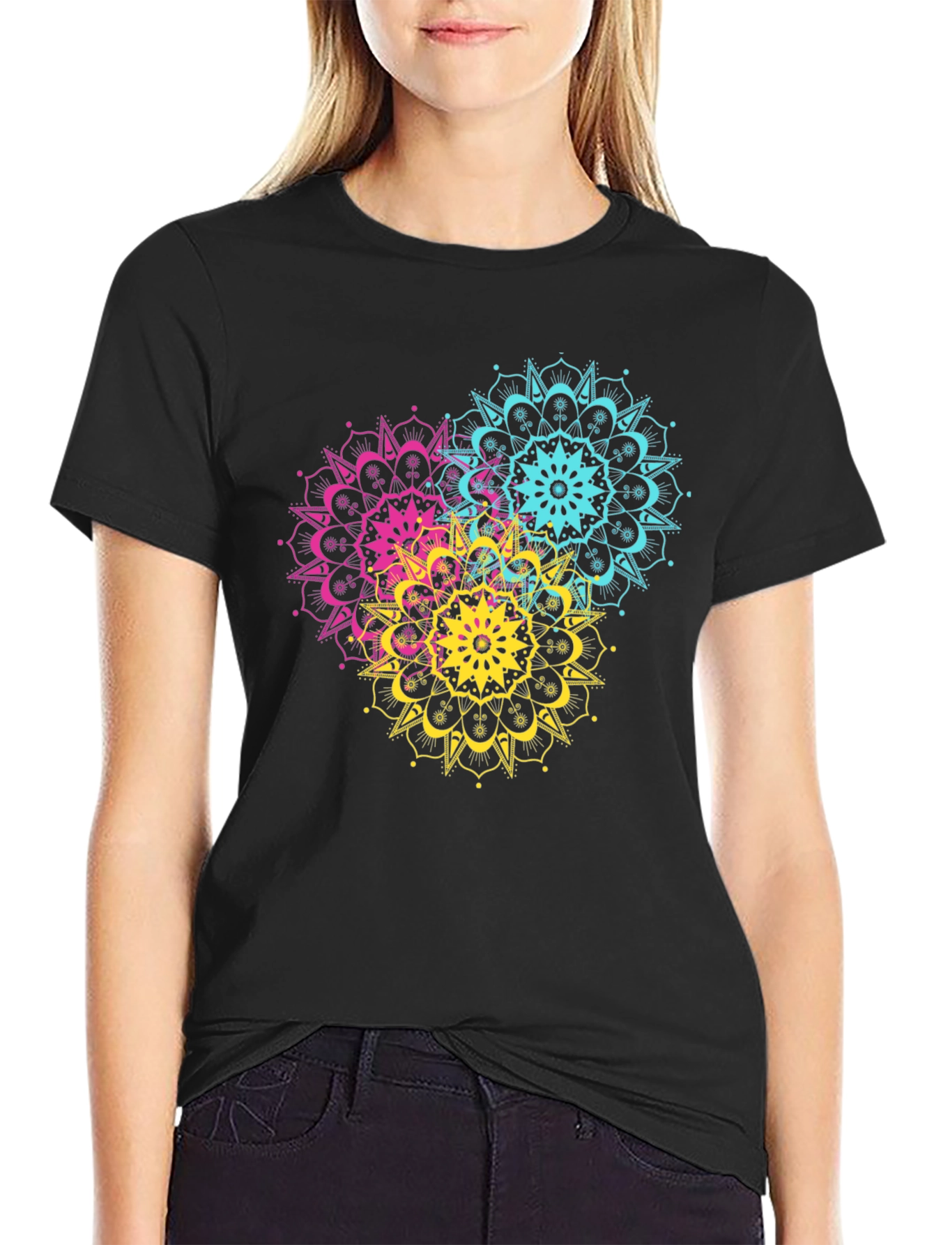Vibrant Mandala Print Black T-Shirt