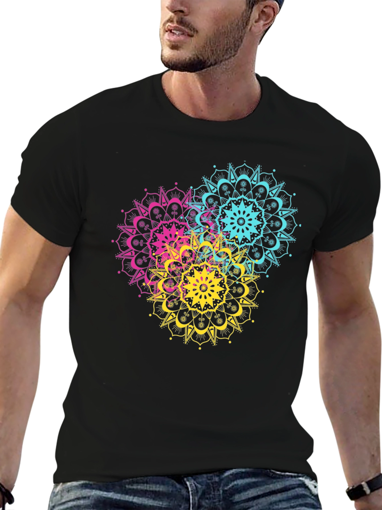 Vibrant Mandala Print Black T-Shirt