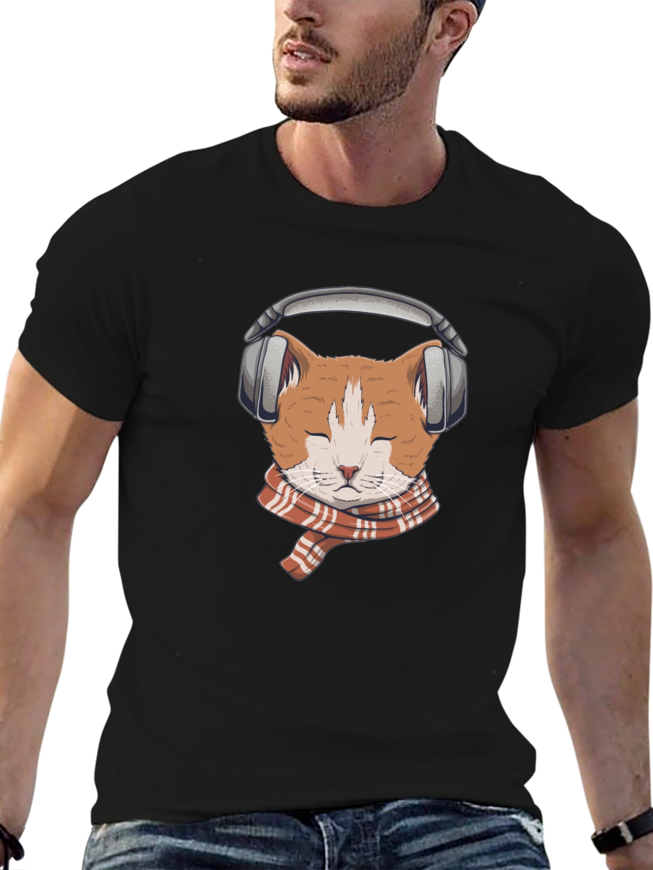 Cat with Headphones Graphic Tee