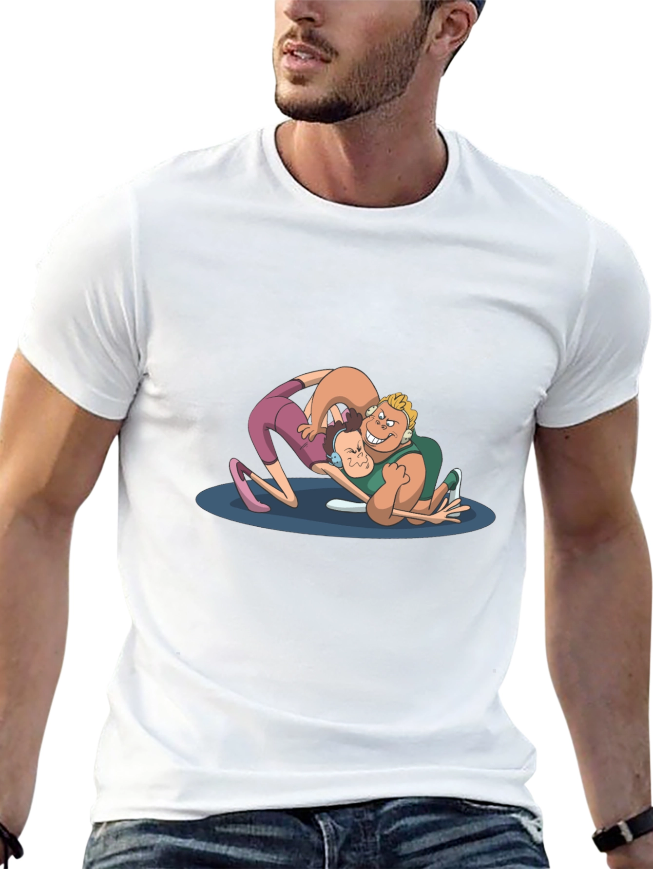 Wrestling Cartoon Graphic Black T-Shirt