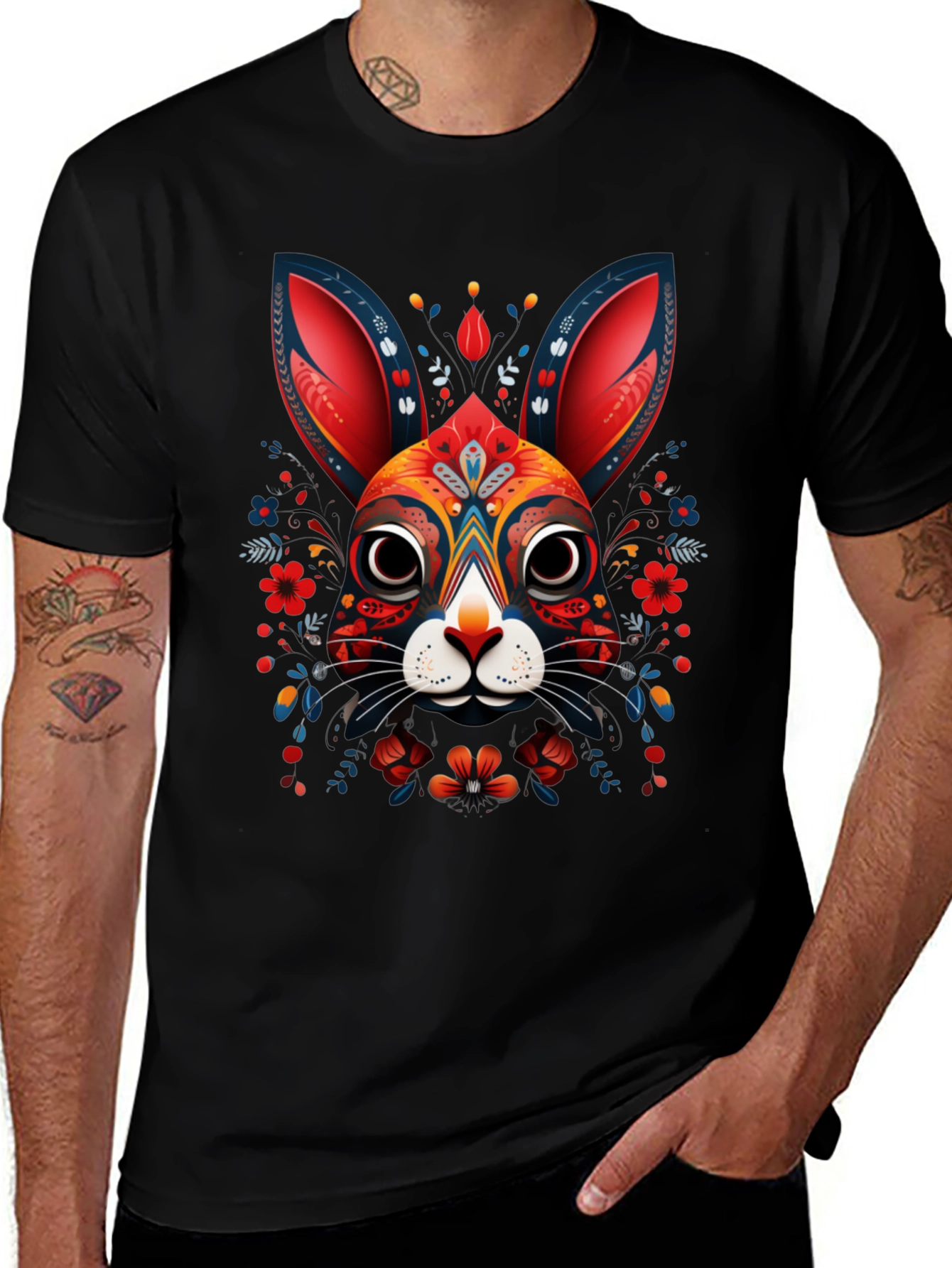 Rabbit Art Graphic Print Black T-Shirt