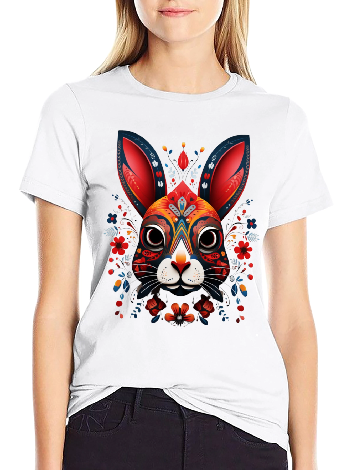 Rabbit Art Graphic Print Black T-Shirt