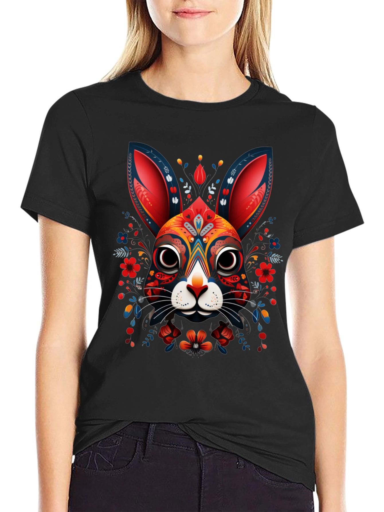 Rabbit Art Graphic Print Black T-Shirt