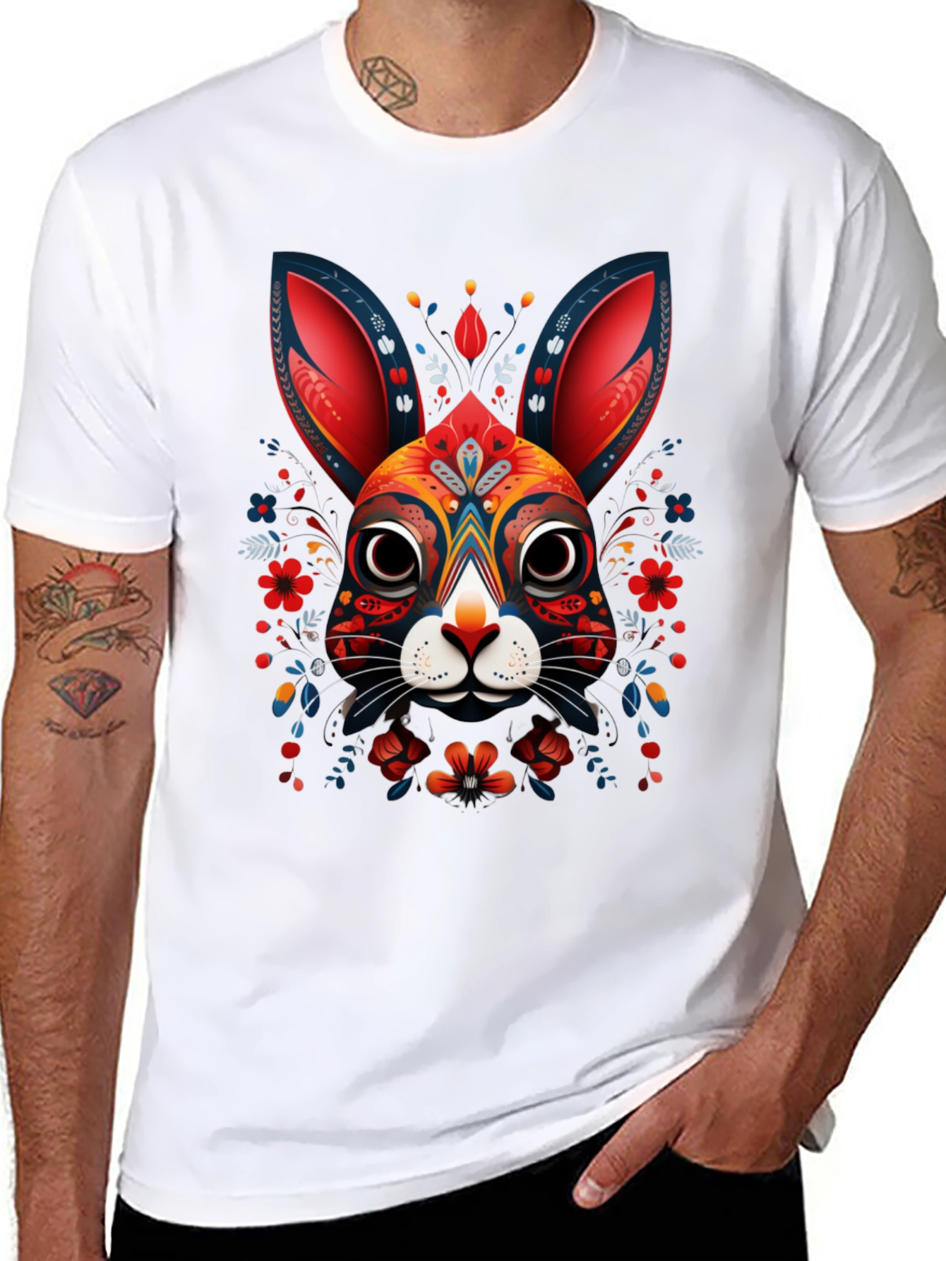 Rabbit Art Graphic Print Black T-Shirt