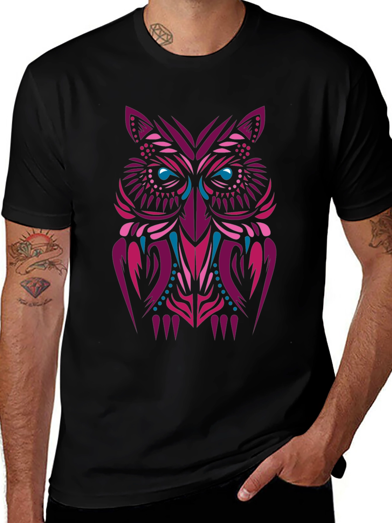 Tribal Owl Graphic Tee - Stylish Mens Black T-Shirt