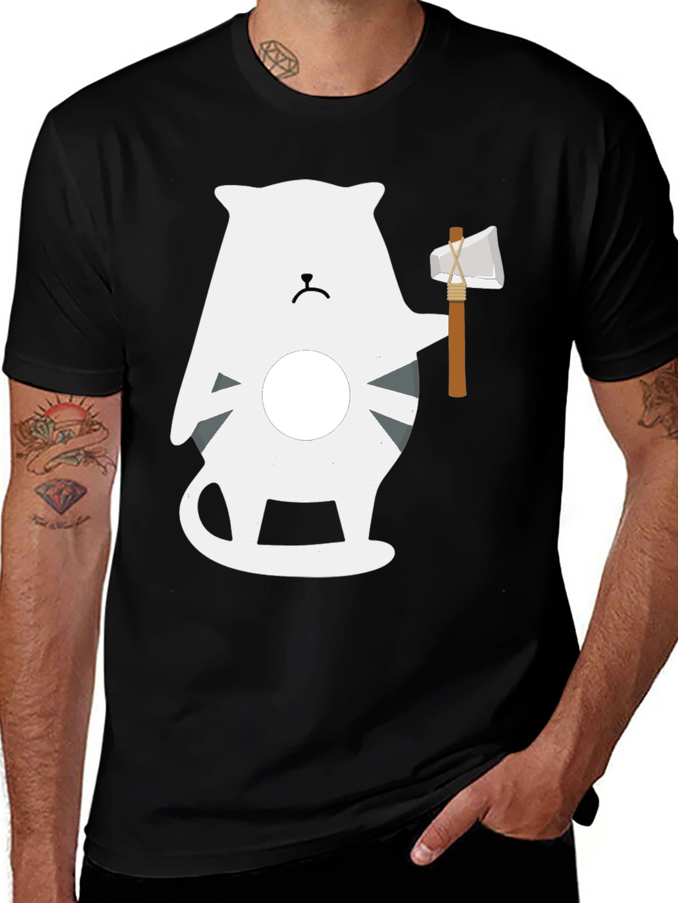 Axe Wielding Cat Graphic Tee - Black
