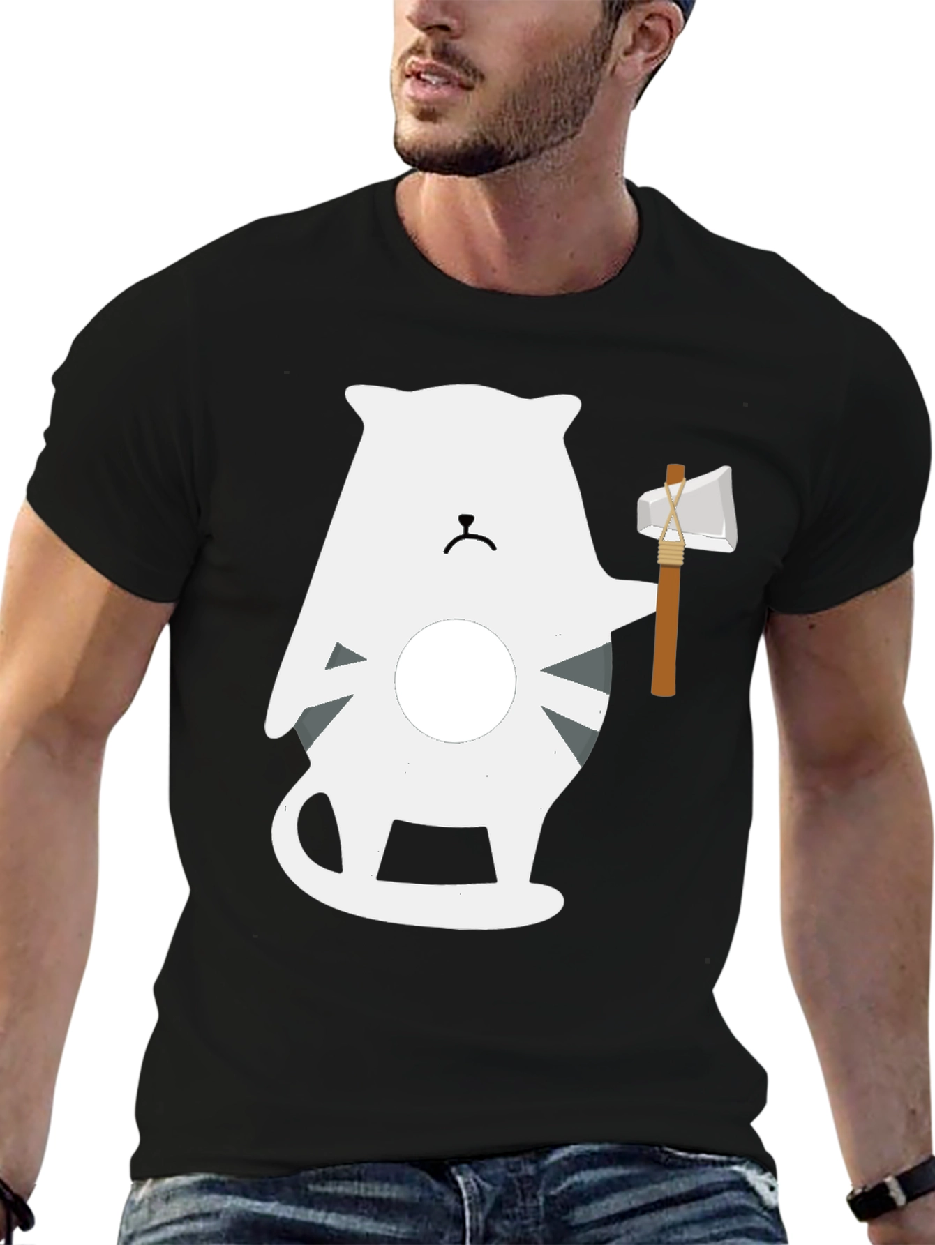 Axe Wielding Cat Graphic Tee - Black