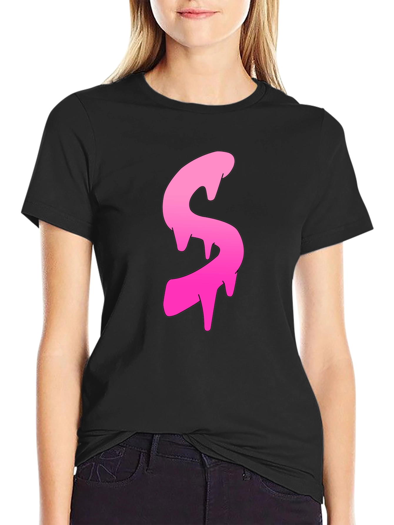 Mens Black T-shirt with Pink Dripping S Design