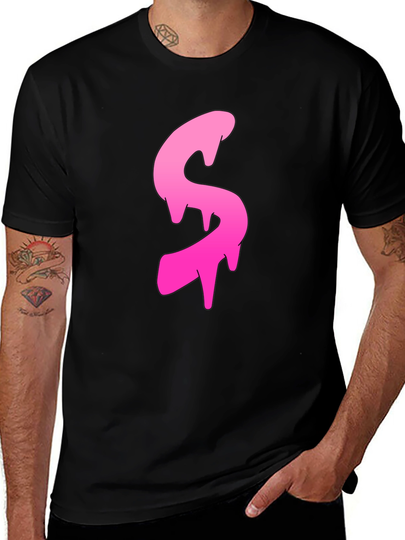Mens Black T-shirt with Pink Dripping S Design