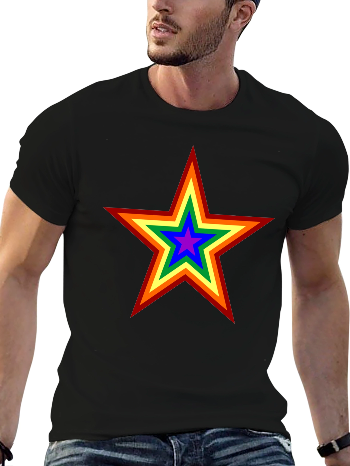 Rainbow Star Graphic Tee - Black Cotton Comfort
