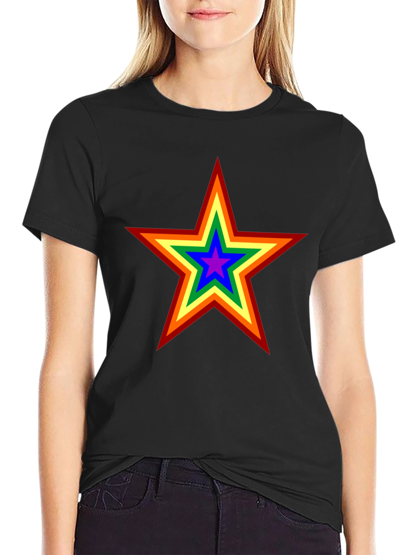 Rainbow Star Graphic Tee - Black Cotton Comfort