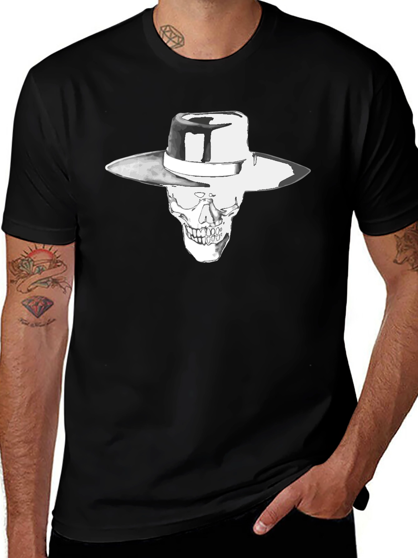 Skull in Hat Graphic Black T-Shirt