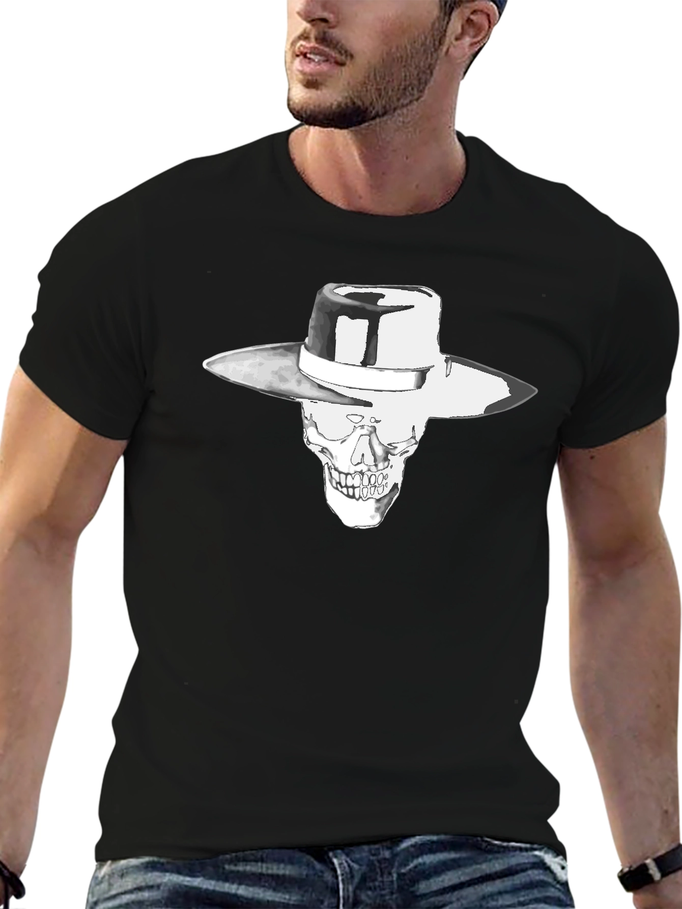 Skull in Hat Graphic Black T-Shirt