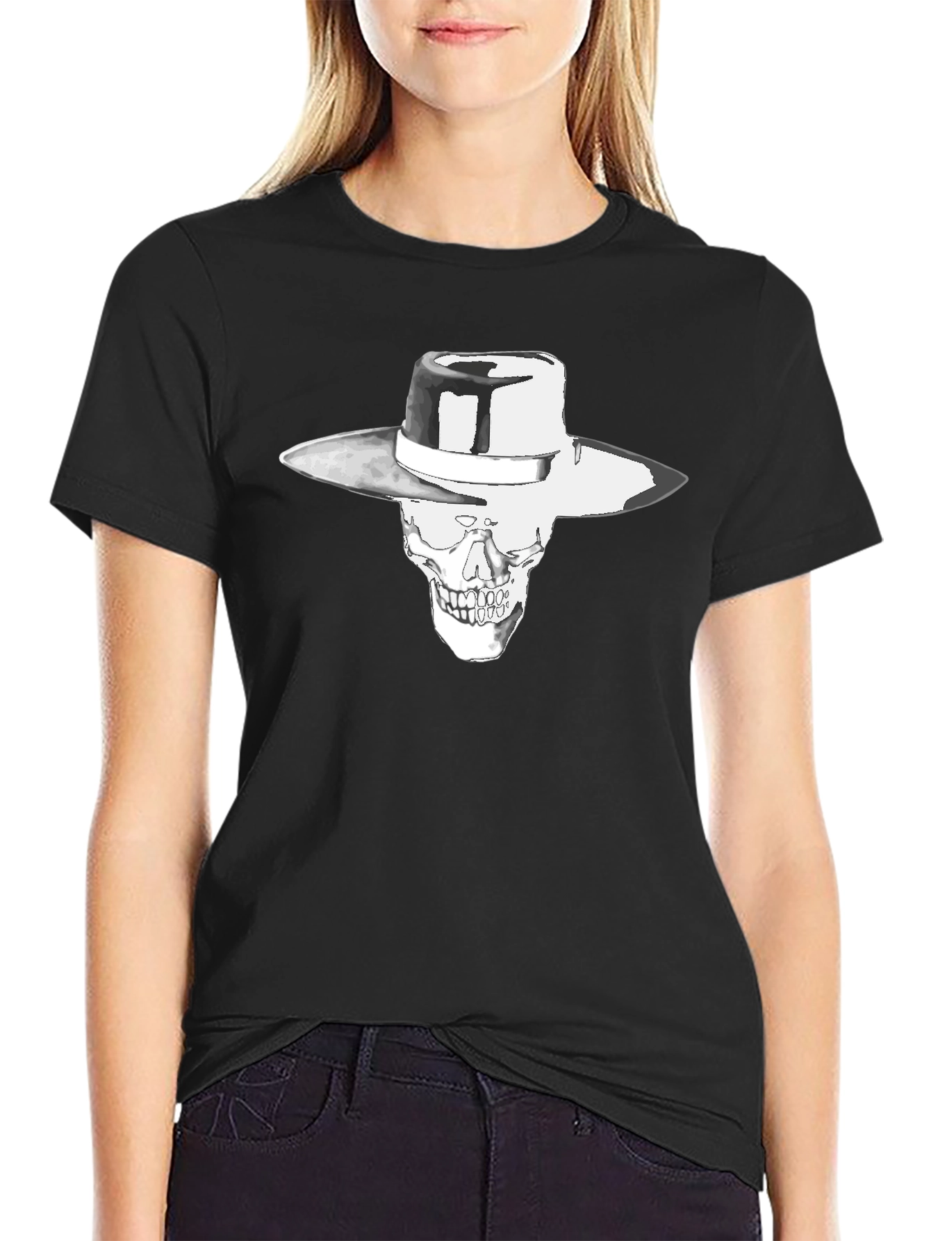 Skull in Hat Graphic Black T-Shirt
