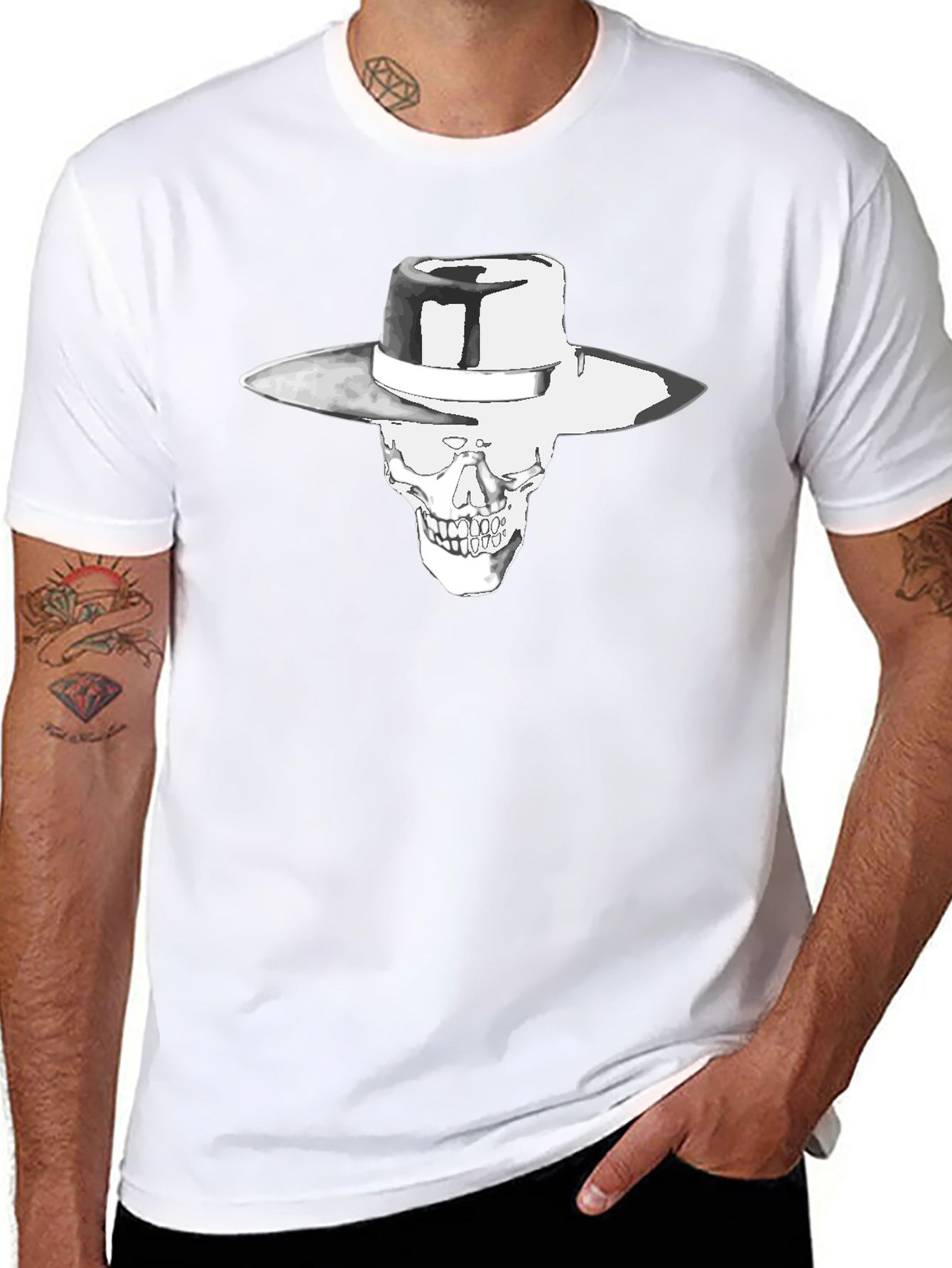 Skull in Hat Graphic Black T-Shirt