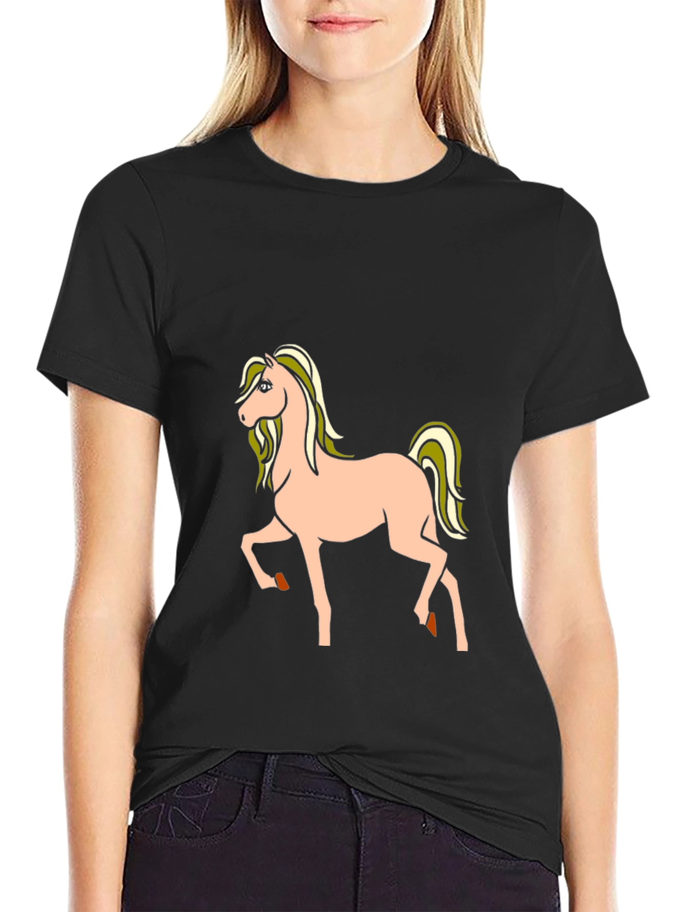 Black T-Shirt with Cartoon Horse Graphic