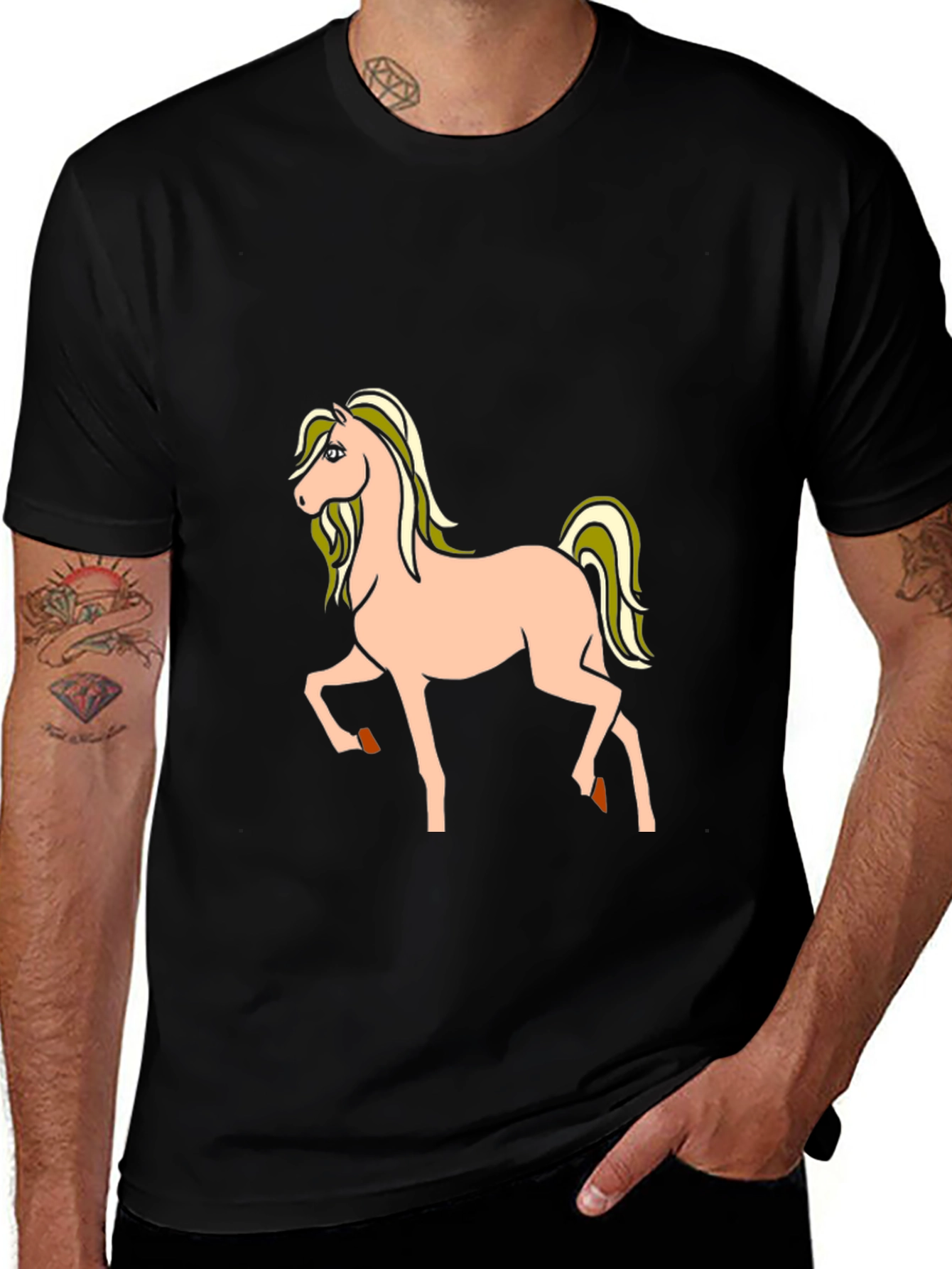 Black T-Shirt with Cartoon Horse Graphic