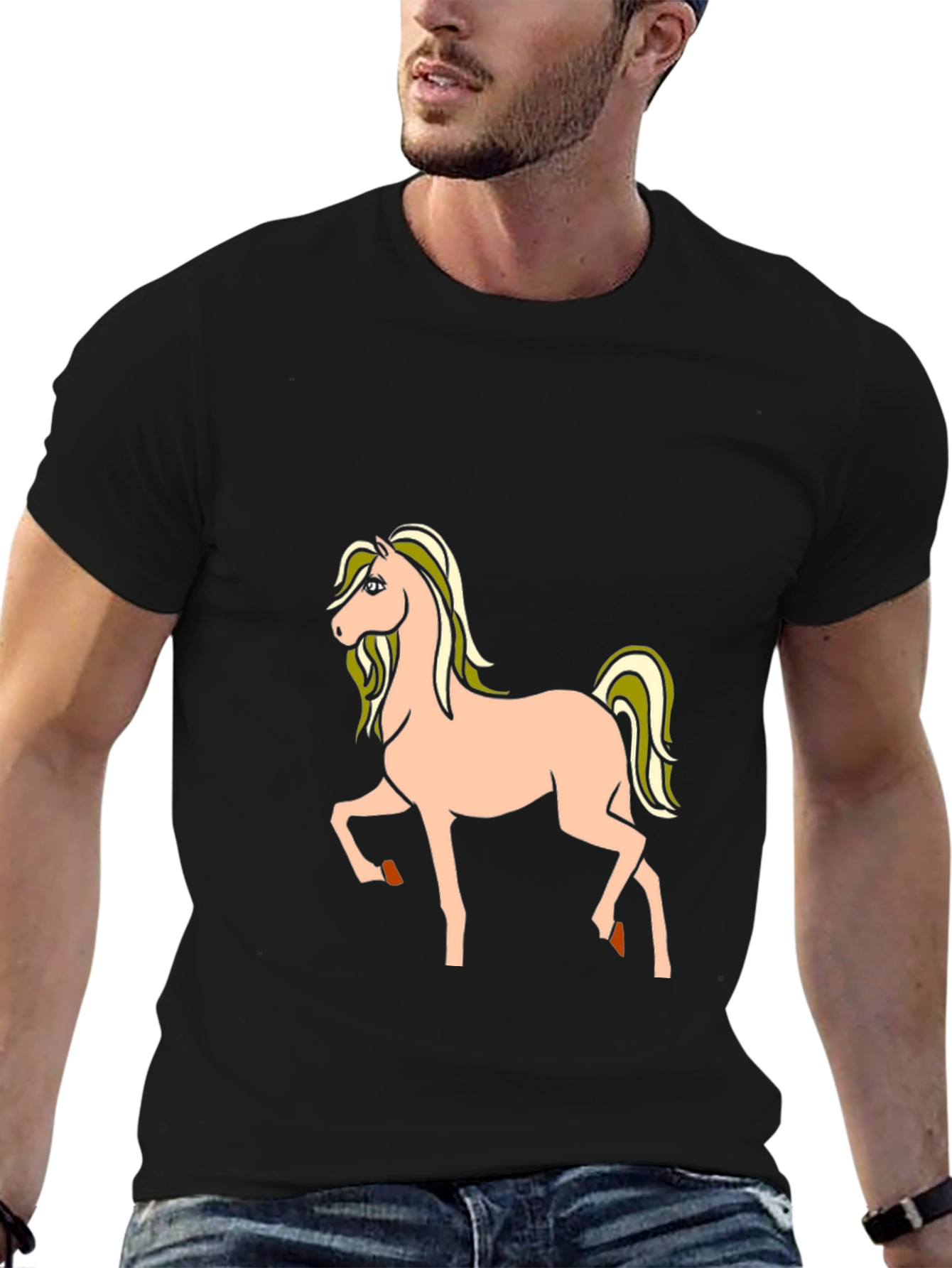 Black T-Shirt with Cartoon Horse Graphic