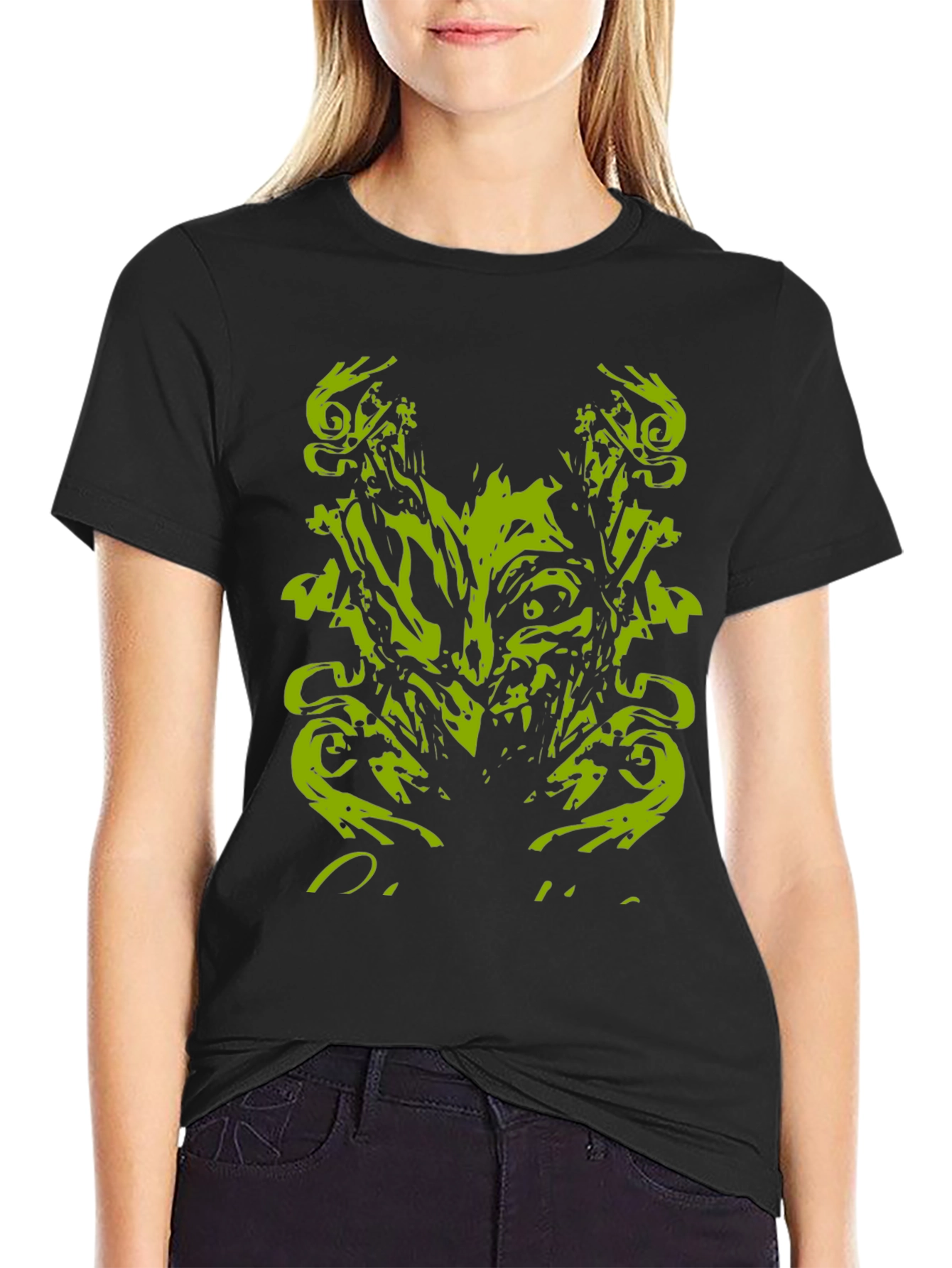 Mens Black T-Shirt with Abstract Green Monster Graphic