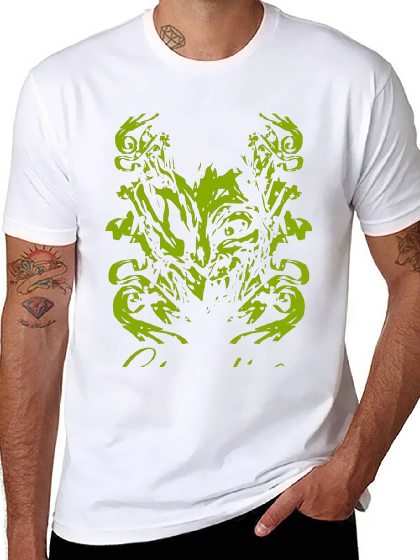 Mens Black T-Shirt with Abstract Green Monster Graphic
