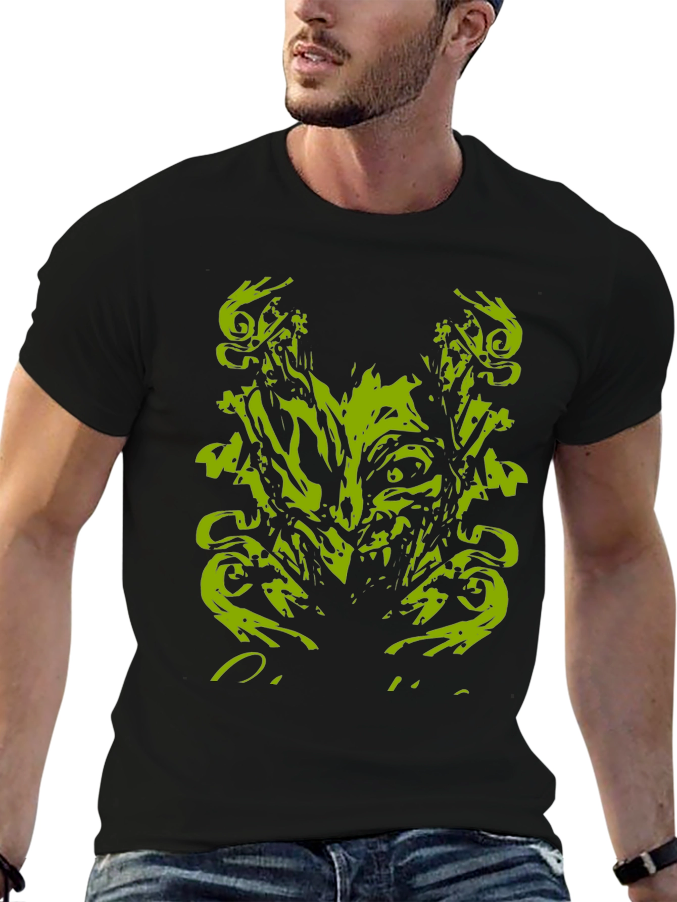 Mens Black T-Shirt with Abstract Green Monster Graphic