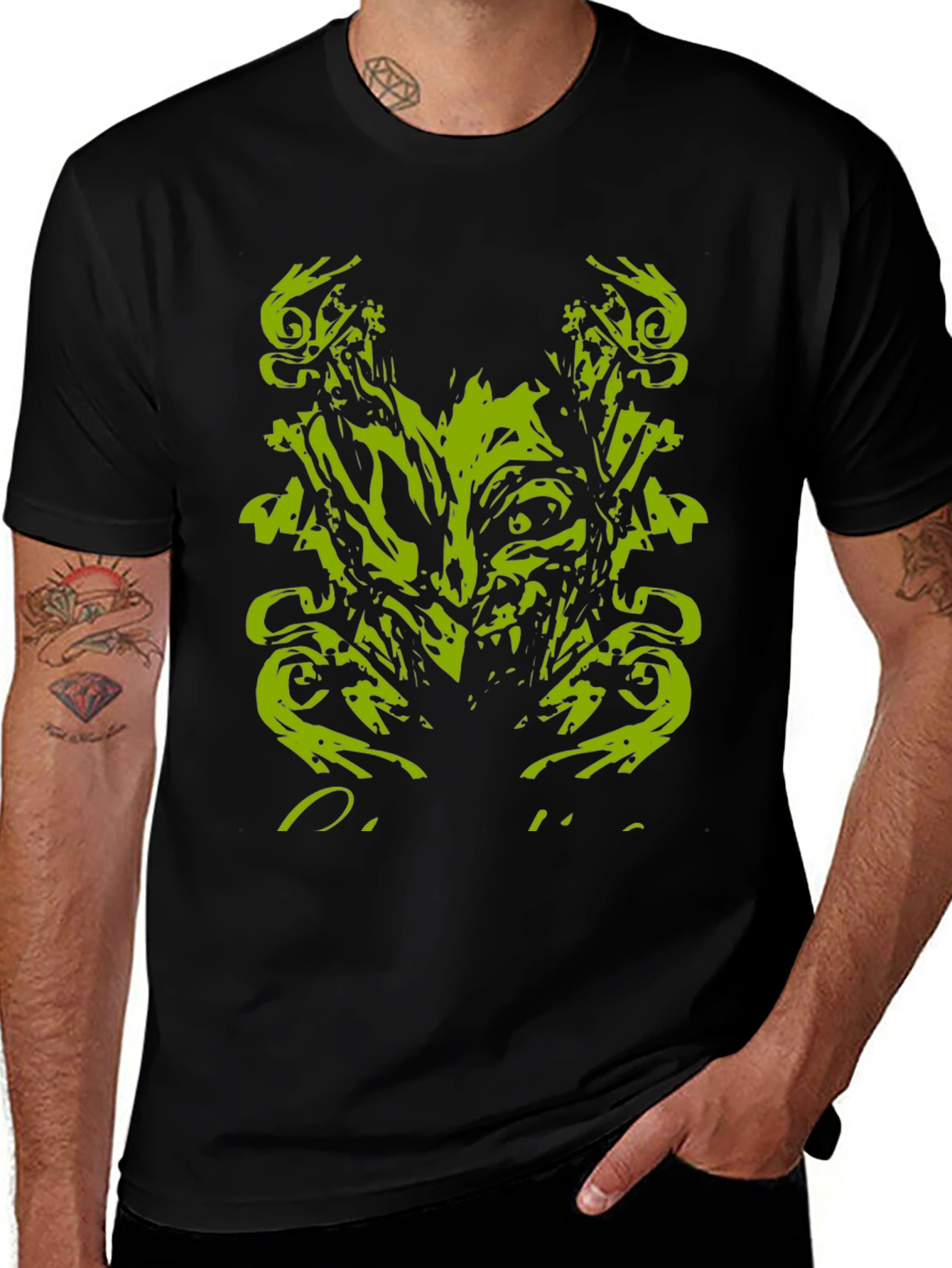 Mens Black T-Shirt with Abstract Green Monster Graphic