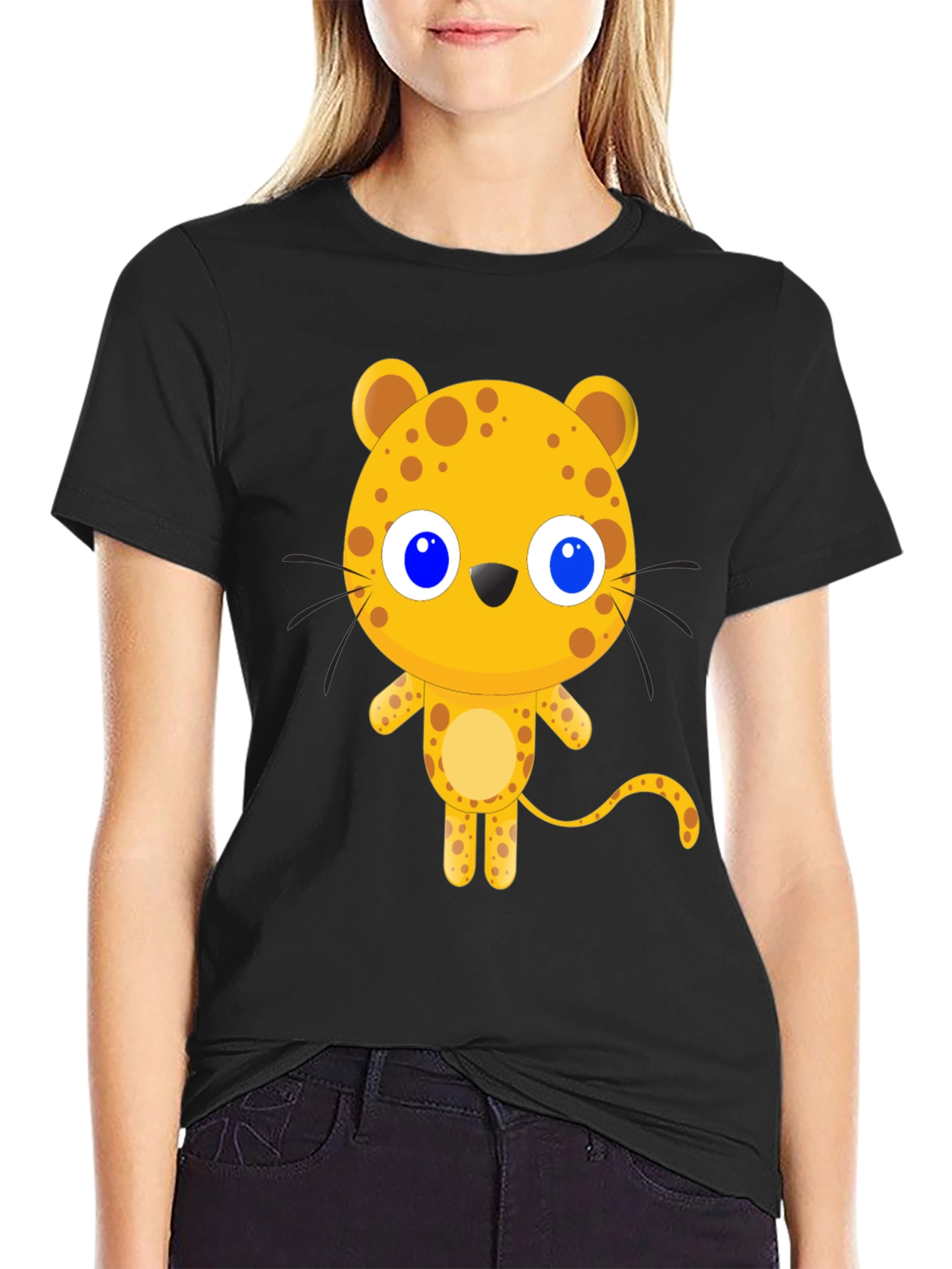 Cartoon Leopard Graphic Black T-Shirt