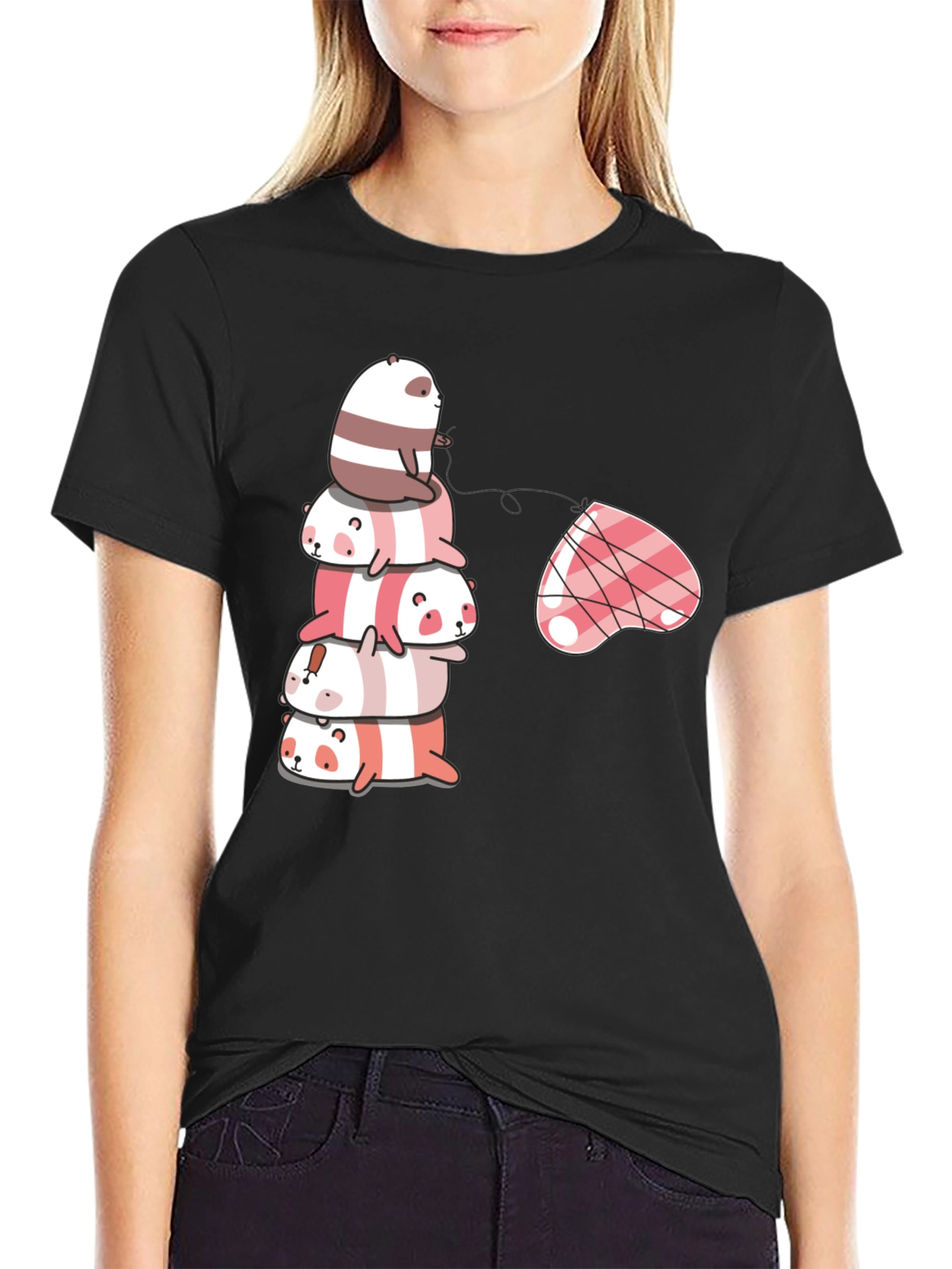 Stacked Panda & Heart Graphic Tee - Black