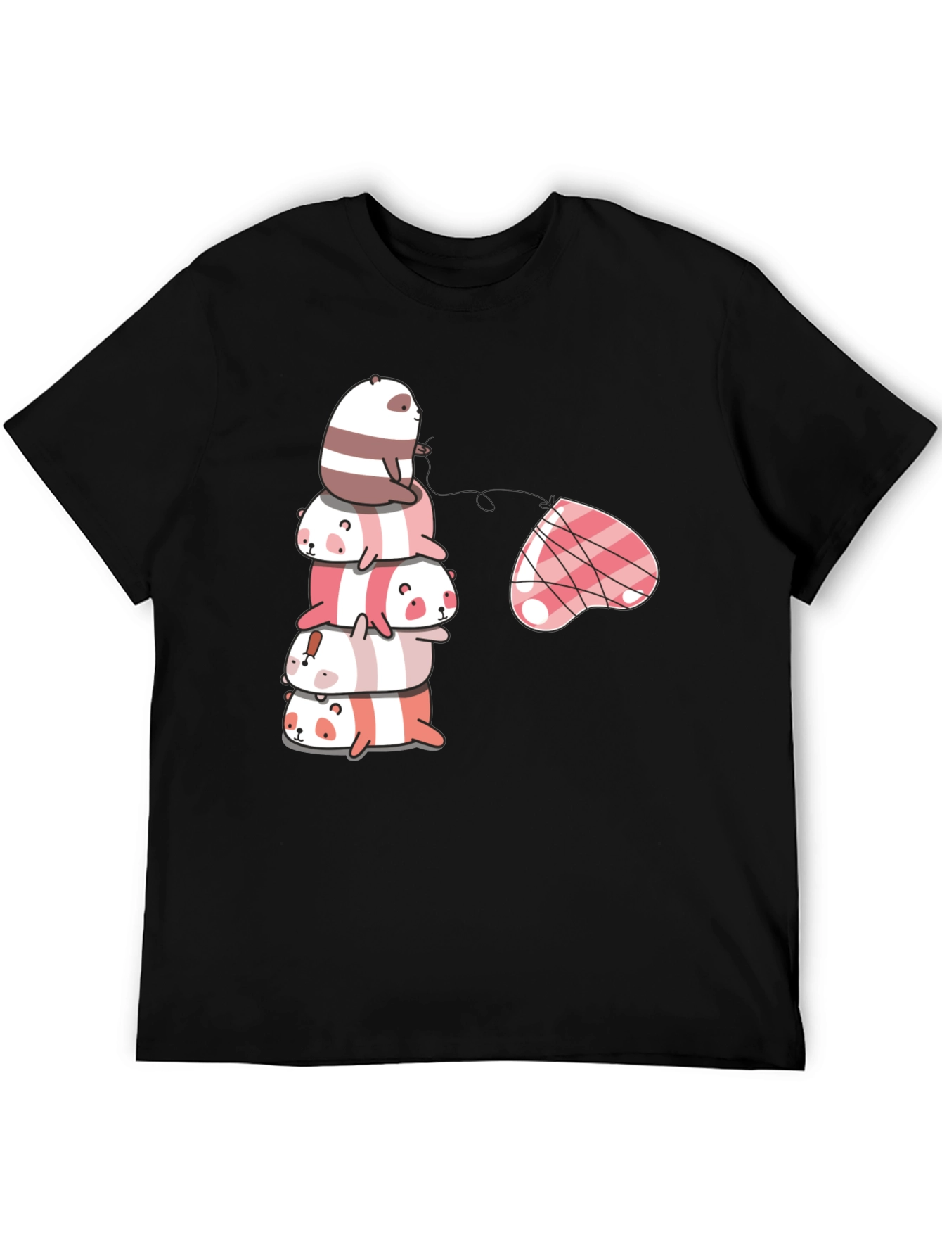 Stacked Panda & Heart Graphic Tee - Black