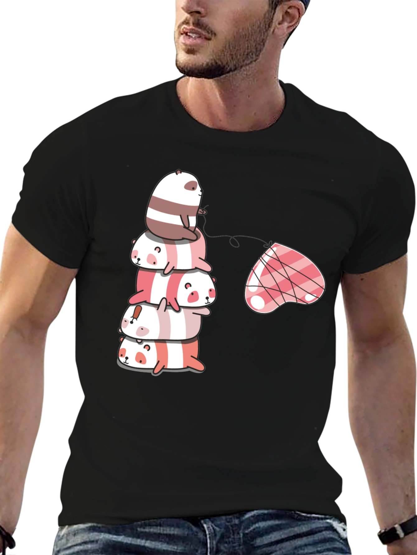 Stacked Panda & Heart Graphic Tee - Black