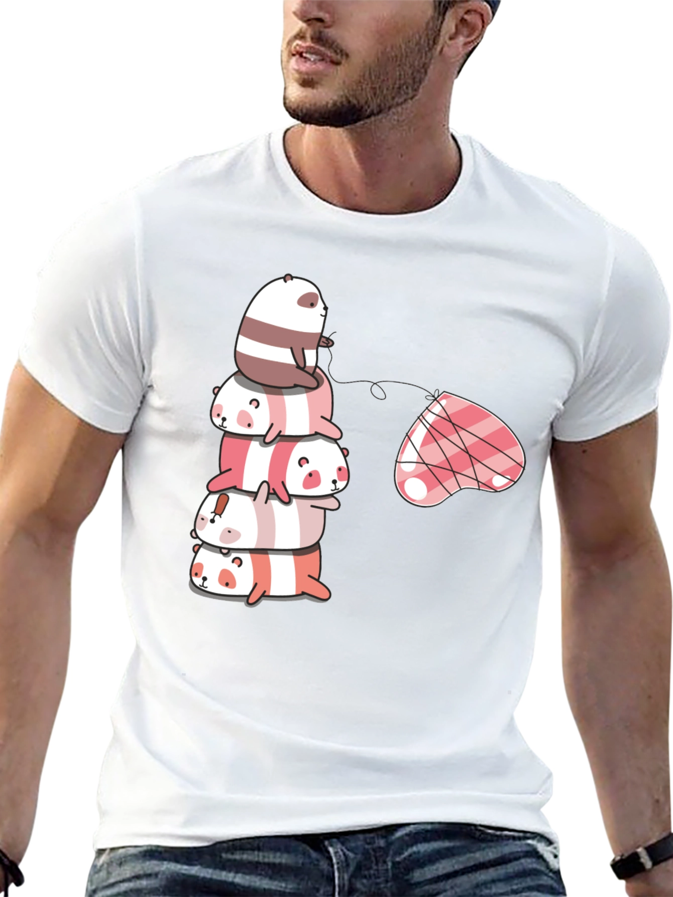 Stacked Panda & Heart Graphic Tee - Black