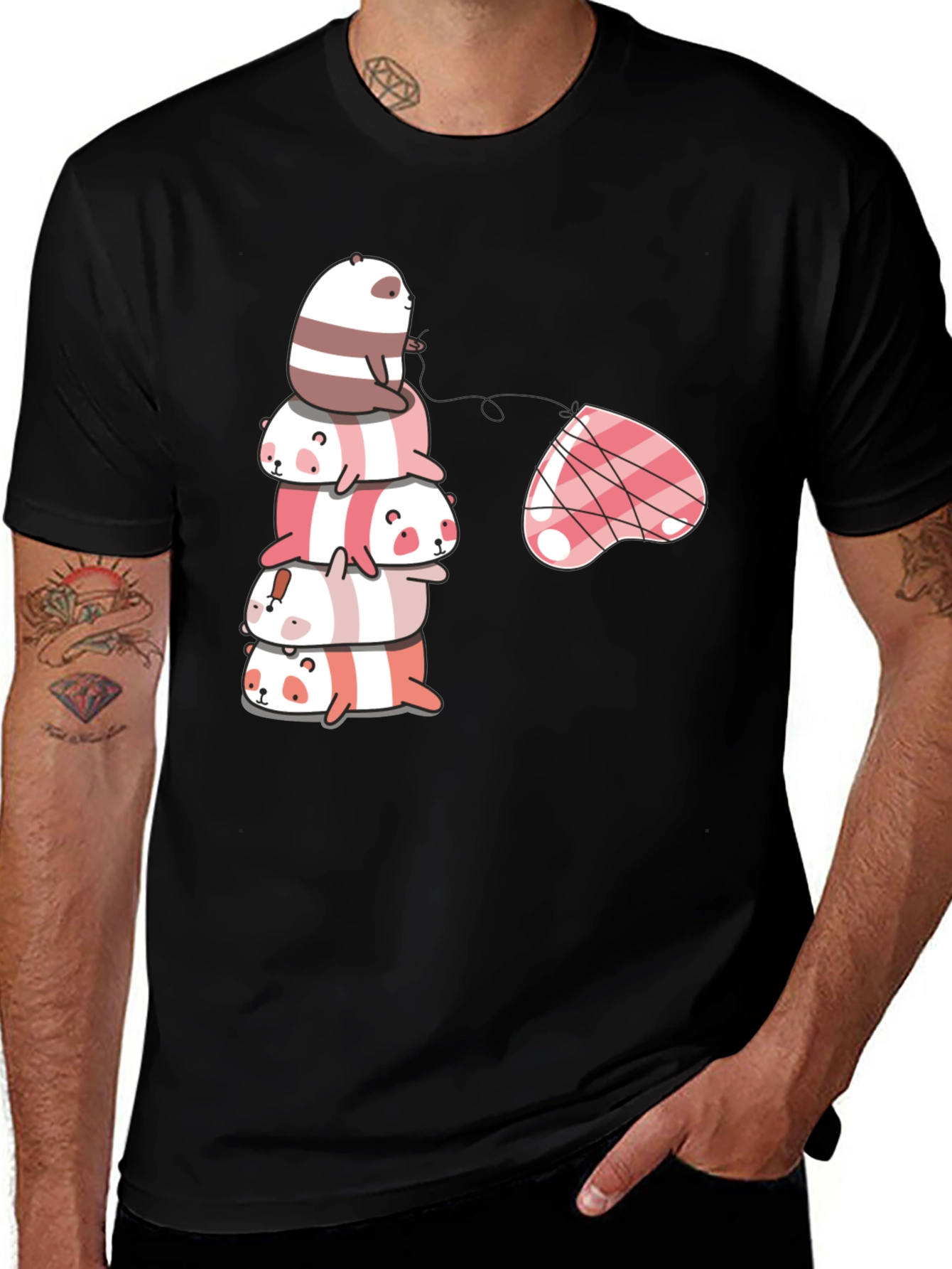 Stacked Panda & Heart Graphic Tee - Black