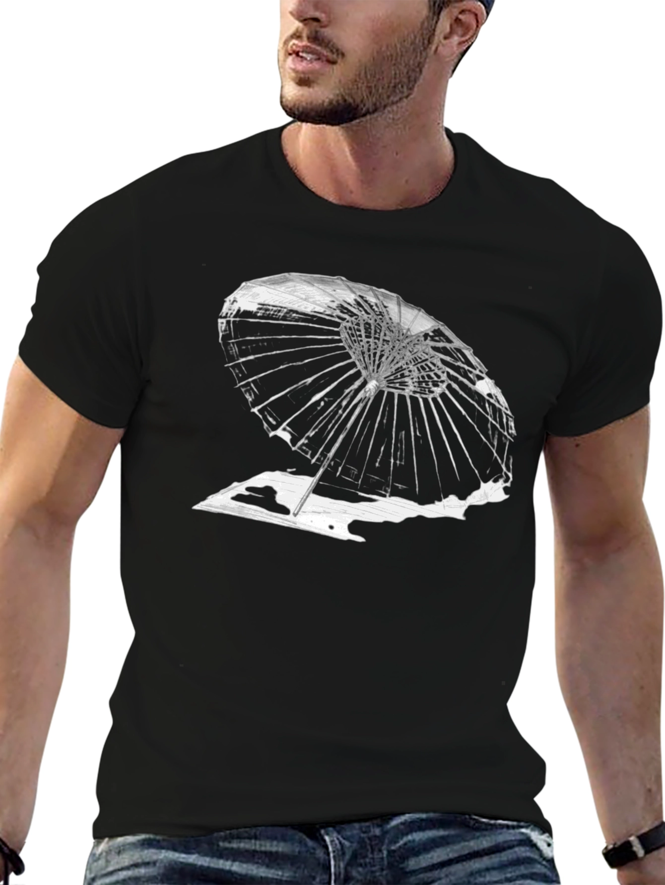 Abstract Umbrella Graphic Tee - Black Cotton T-Shirt