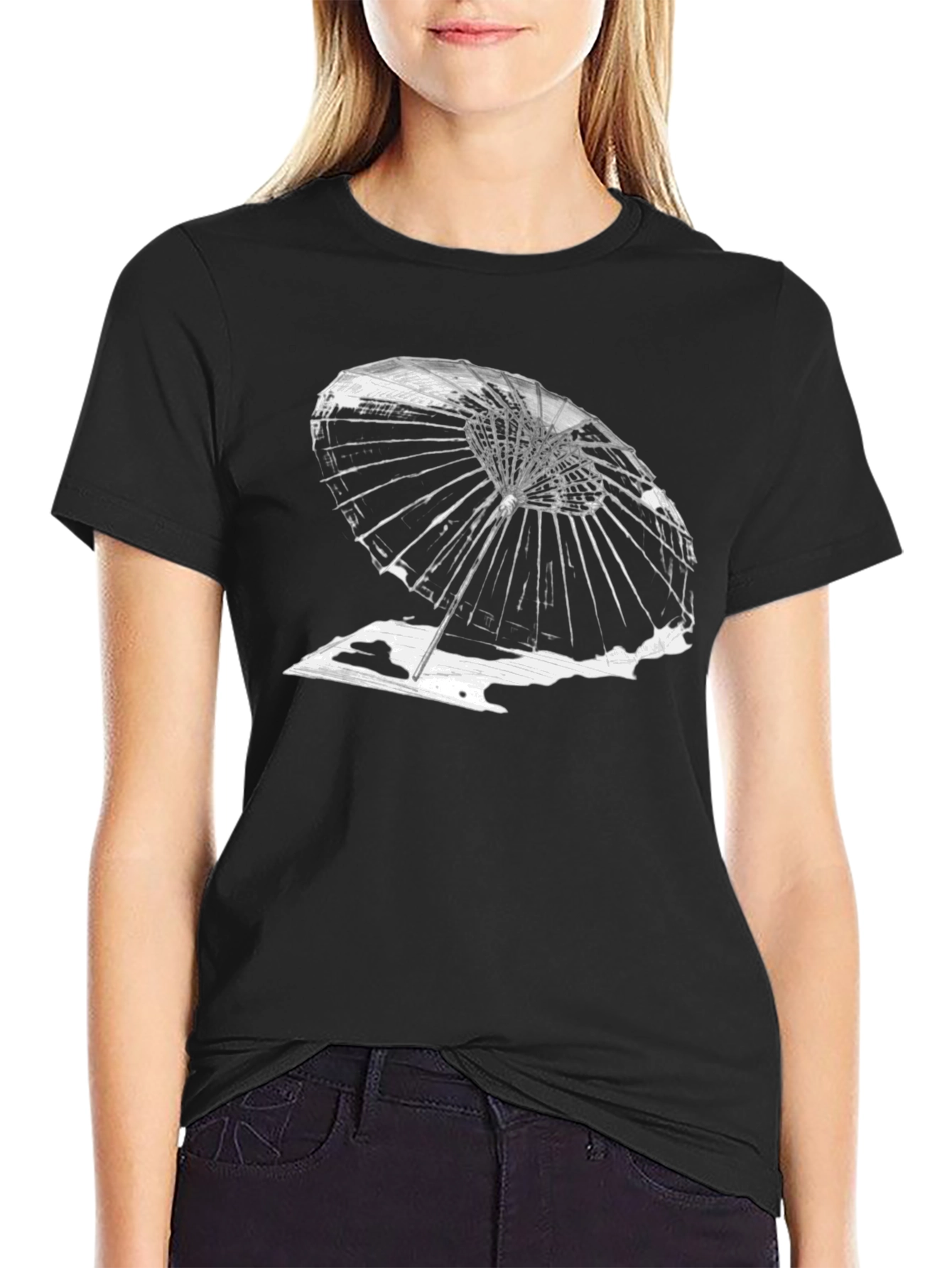 Abstract Umbrella Graphic Tee - Black Cotton T-Shirt