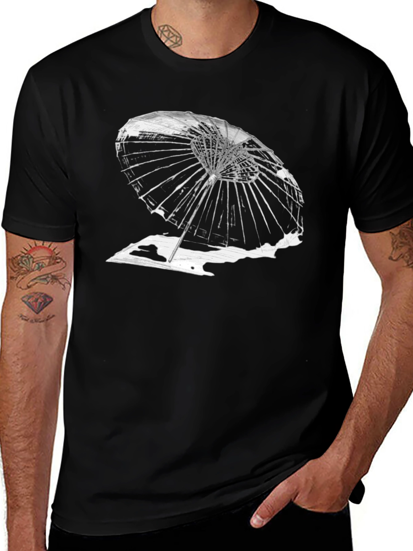 Abstract Umbrella Graphic Tee - Black Cotton T-Shirt