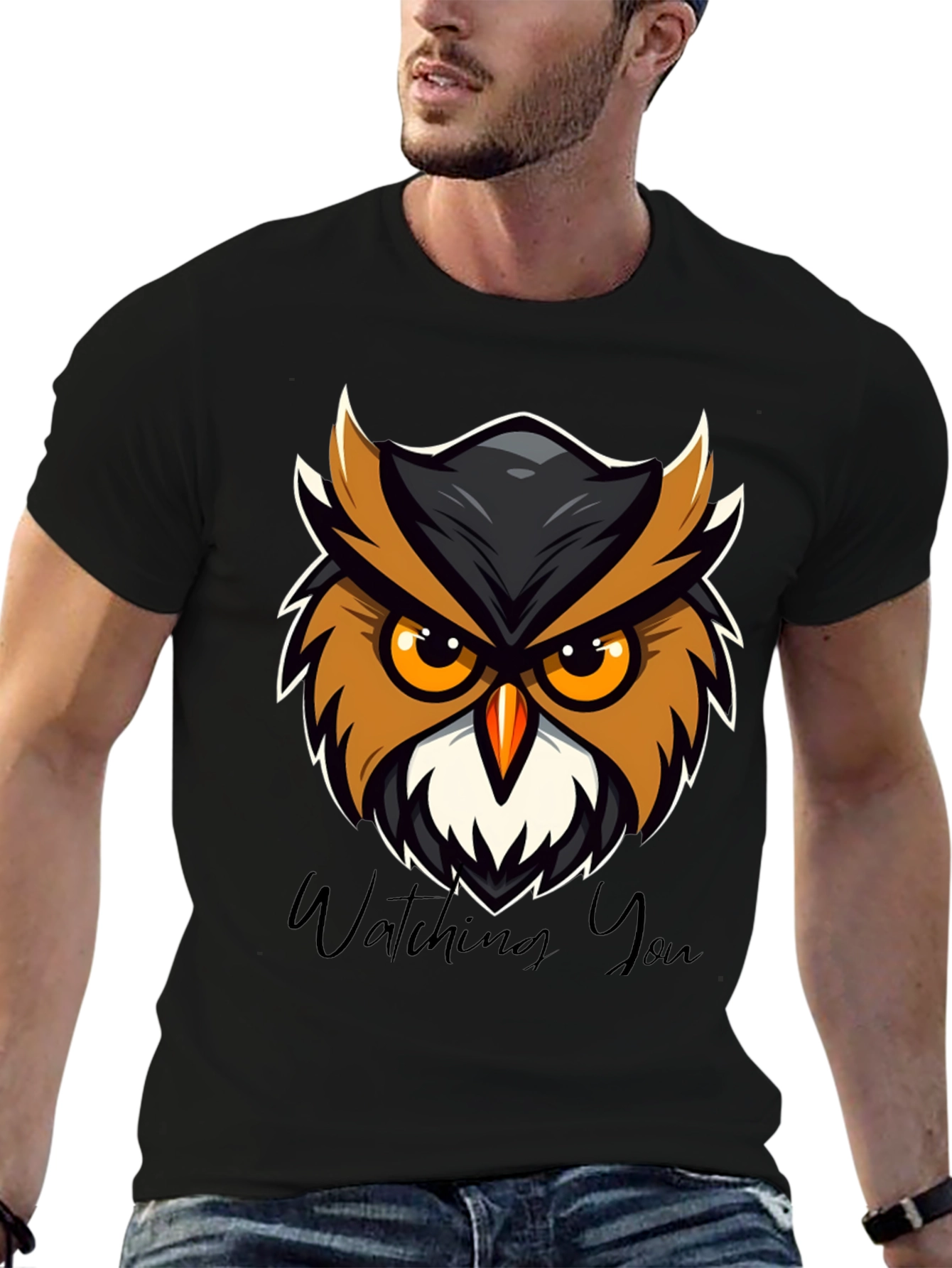 Mens Black Owl Graphic Tee - Watching You Design