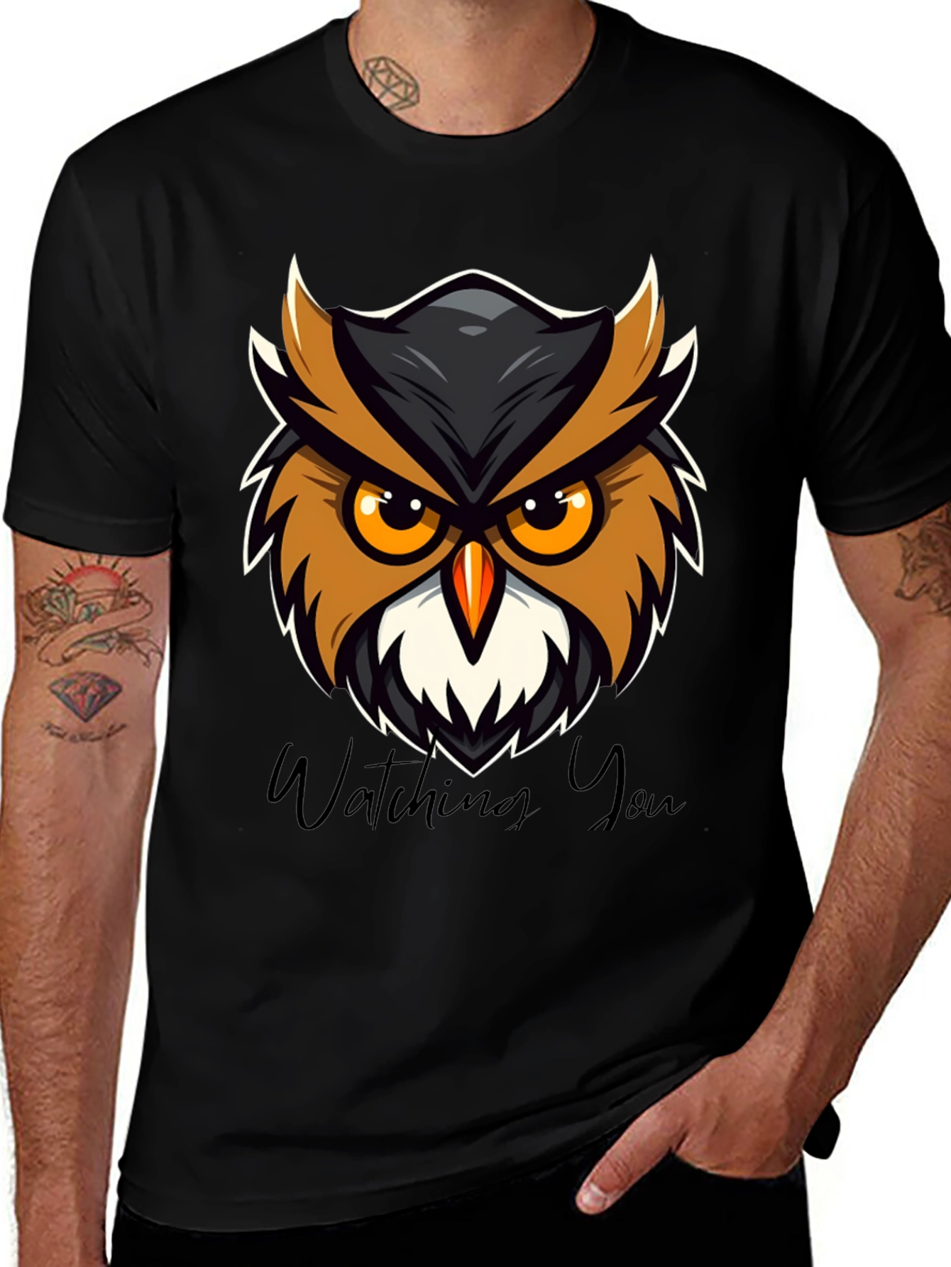 Mens Black Owl Graphic Tee - Watching You Design