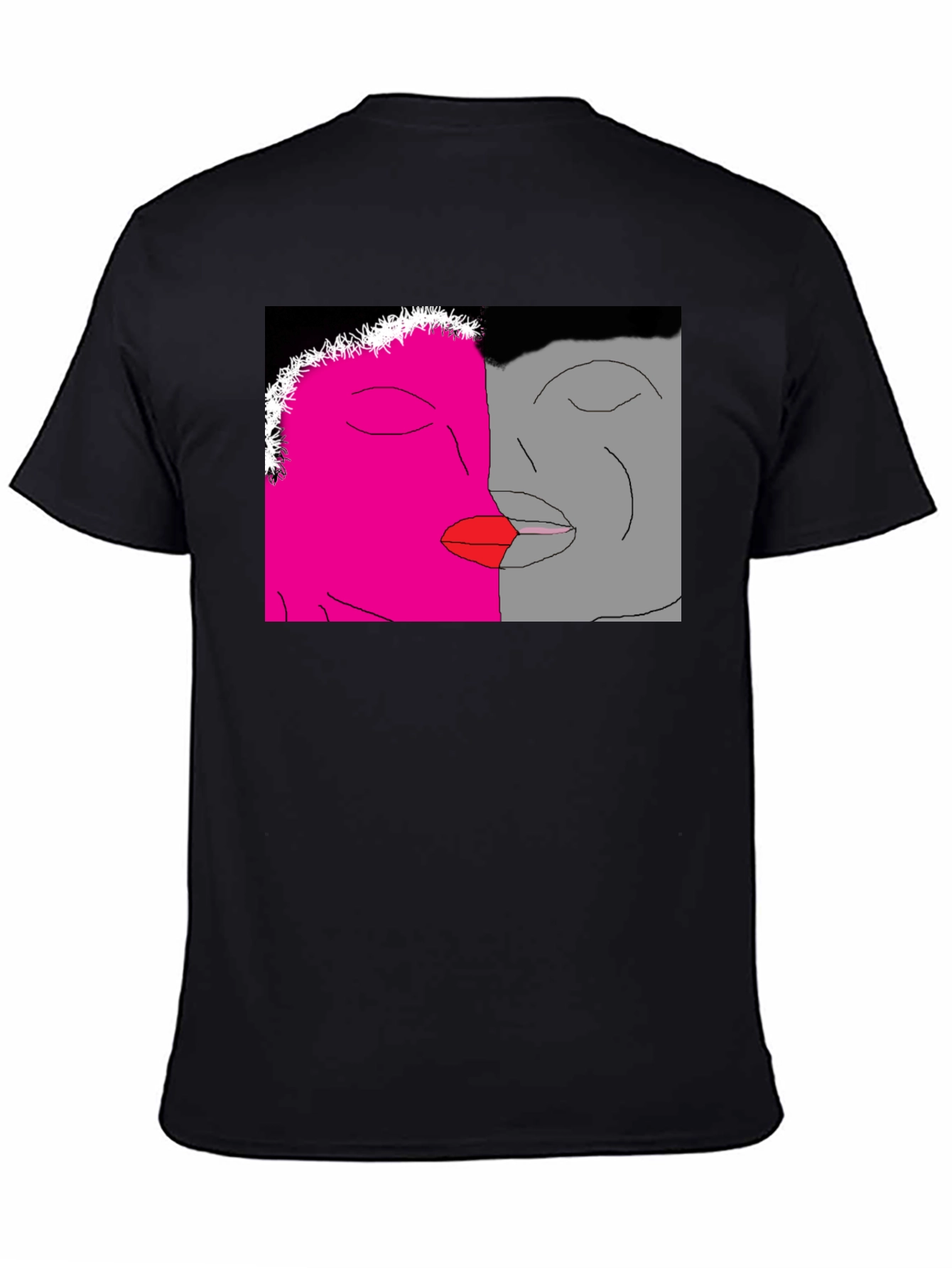 Unique Artistic Black T-Shirt with Kissing Faces Design